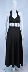 Vintage 1970's Black Jersey Maxi Gown with Cutout Rhinestone Column Size 2 4