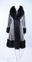 ZACCARIA FURS Black and White Mink Chevron Fur Coat with Fox Trim Size 6-8