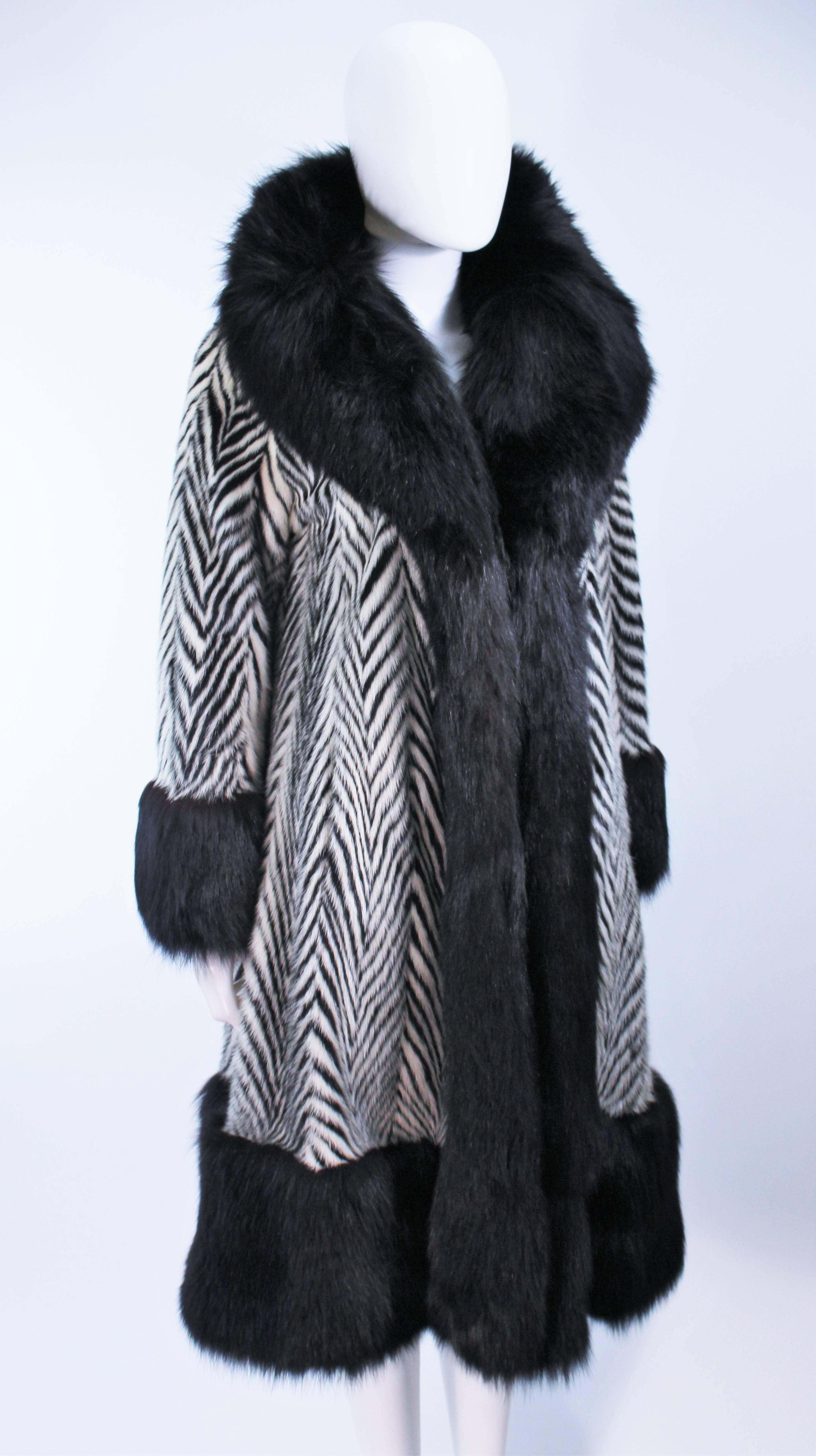 ZACCARIA FURS Black and White Mink Chevron Fur Coat with Fox Trim Size 6-8 For Sale 1