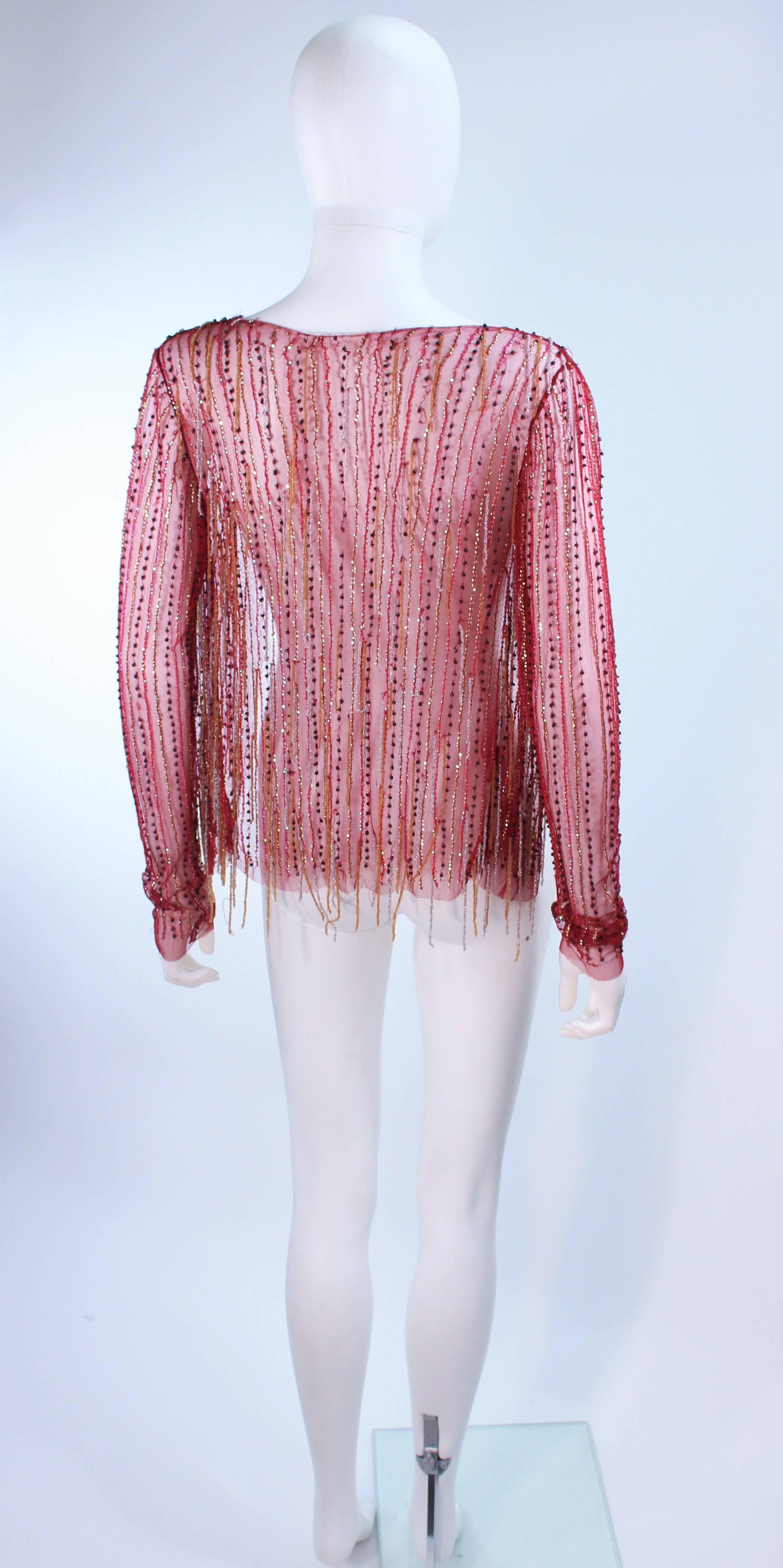 Red Sheer Stretch Mesh Beaded Fringe Top Size Small 3