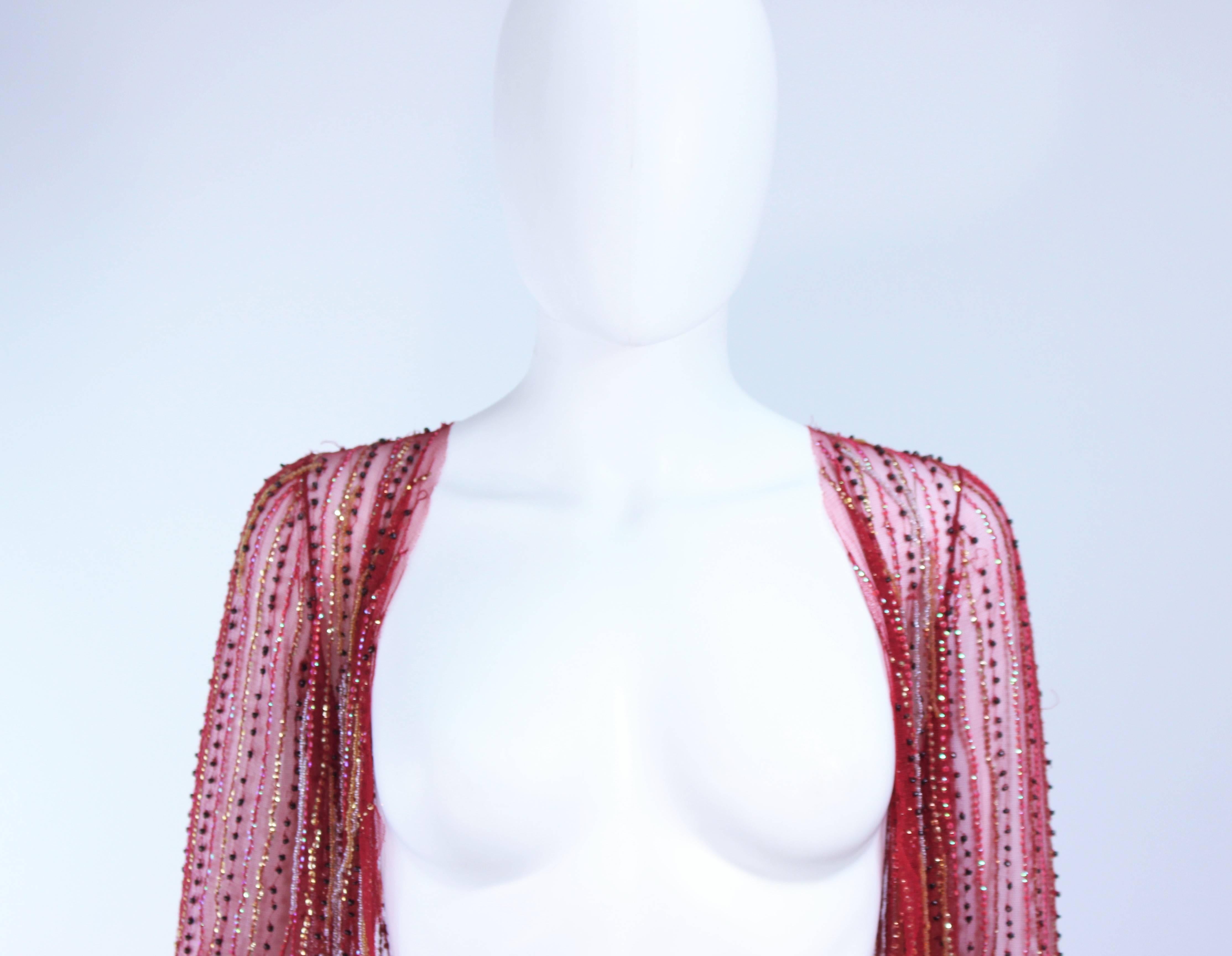 Red Sheer Stretch Mesh Beaded Fringe Top Size Small In Excellent Condition In Los Angeles, CA