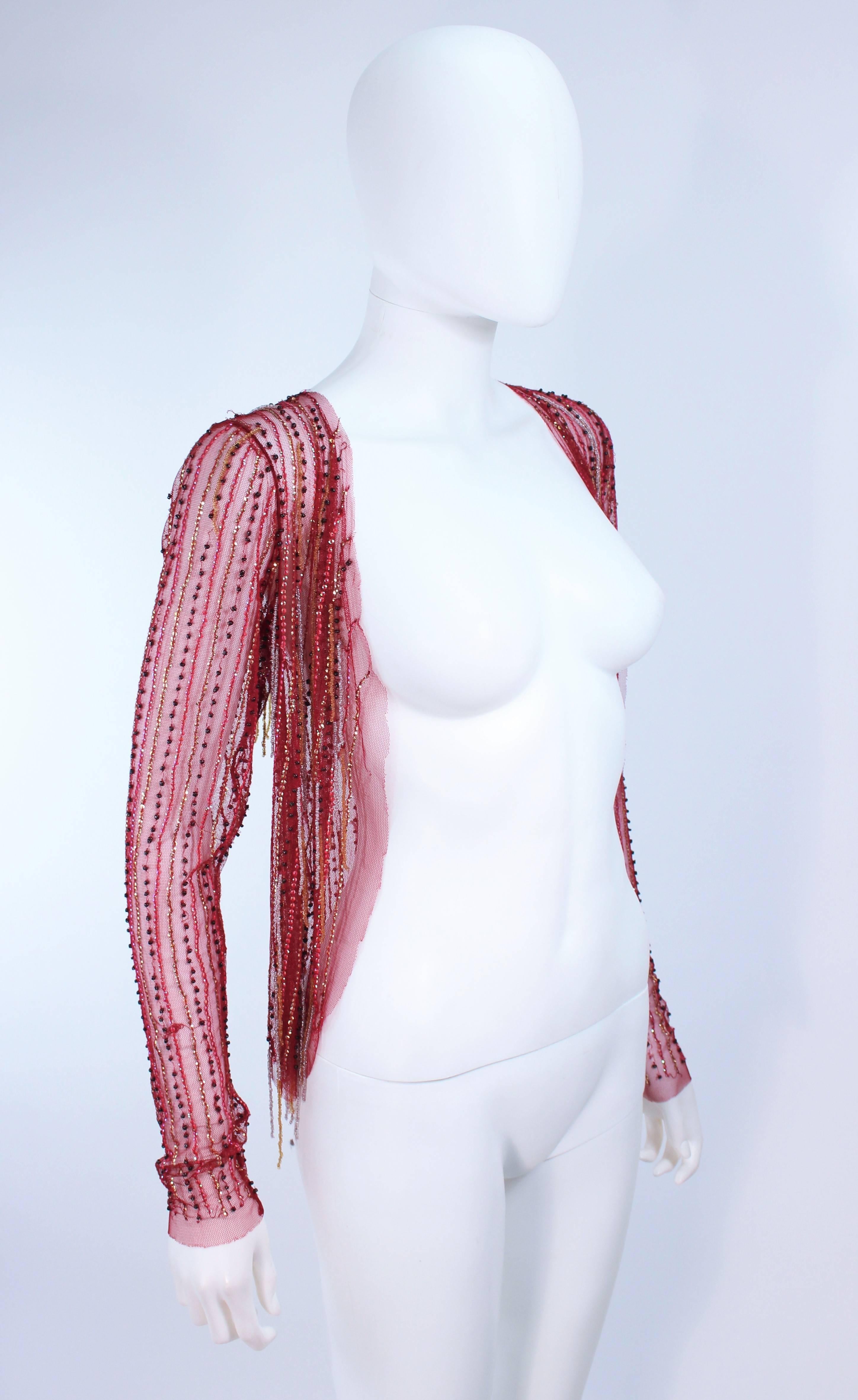 Women's Red Sheer Stretch Mesh Beaded Fringe Top Size Small