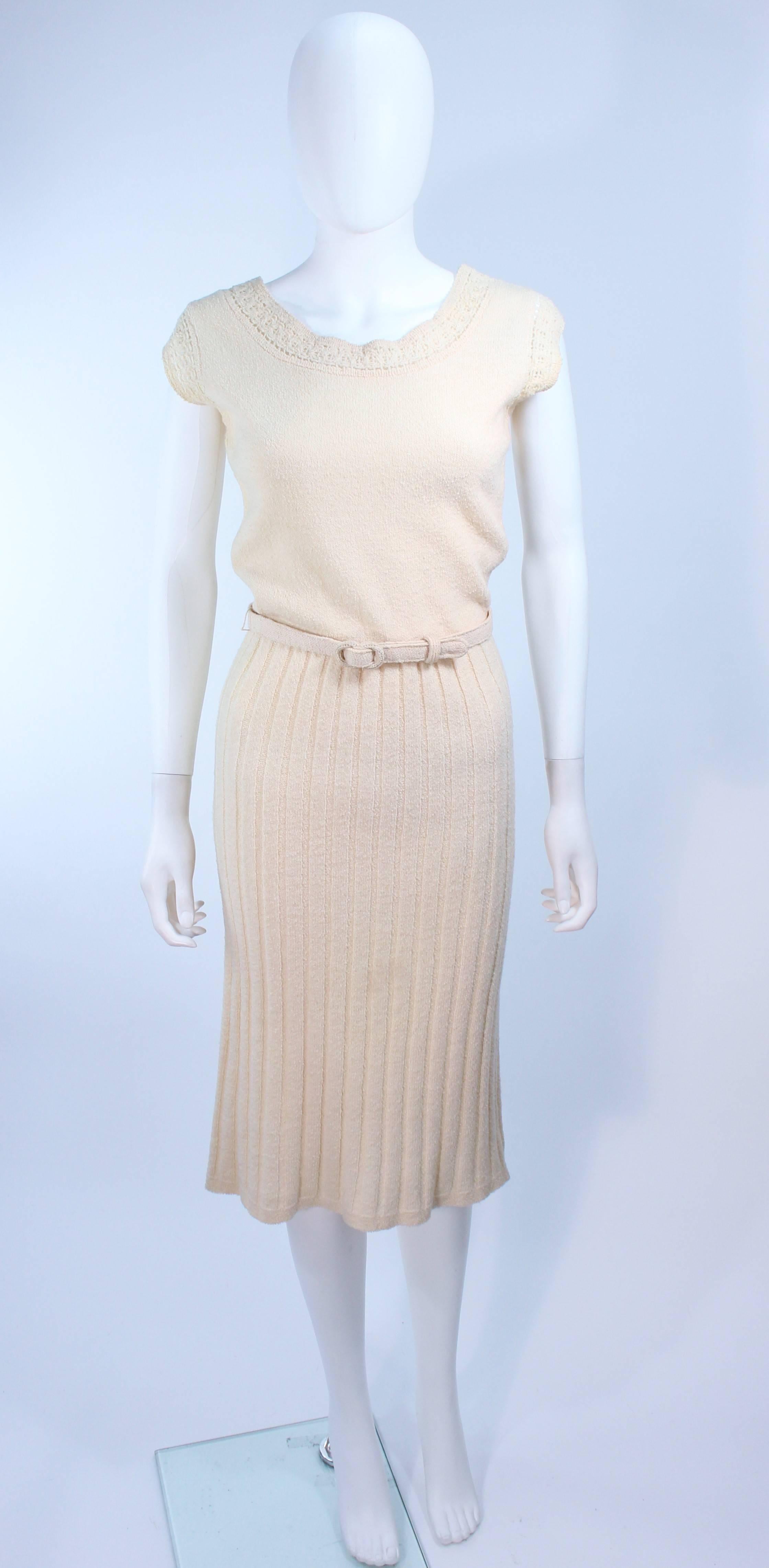 Ivory 1950's Zephyr Chenille Wool Stretch Knit Dress and Sweater Ensemble Size 4 For Sale 1
