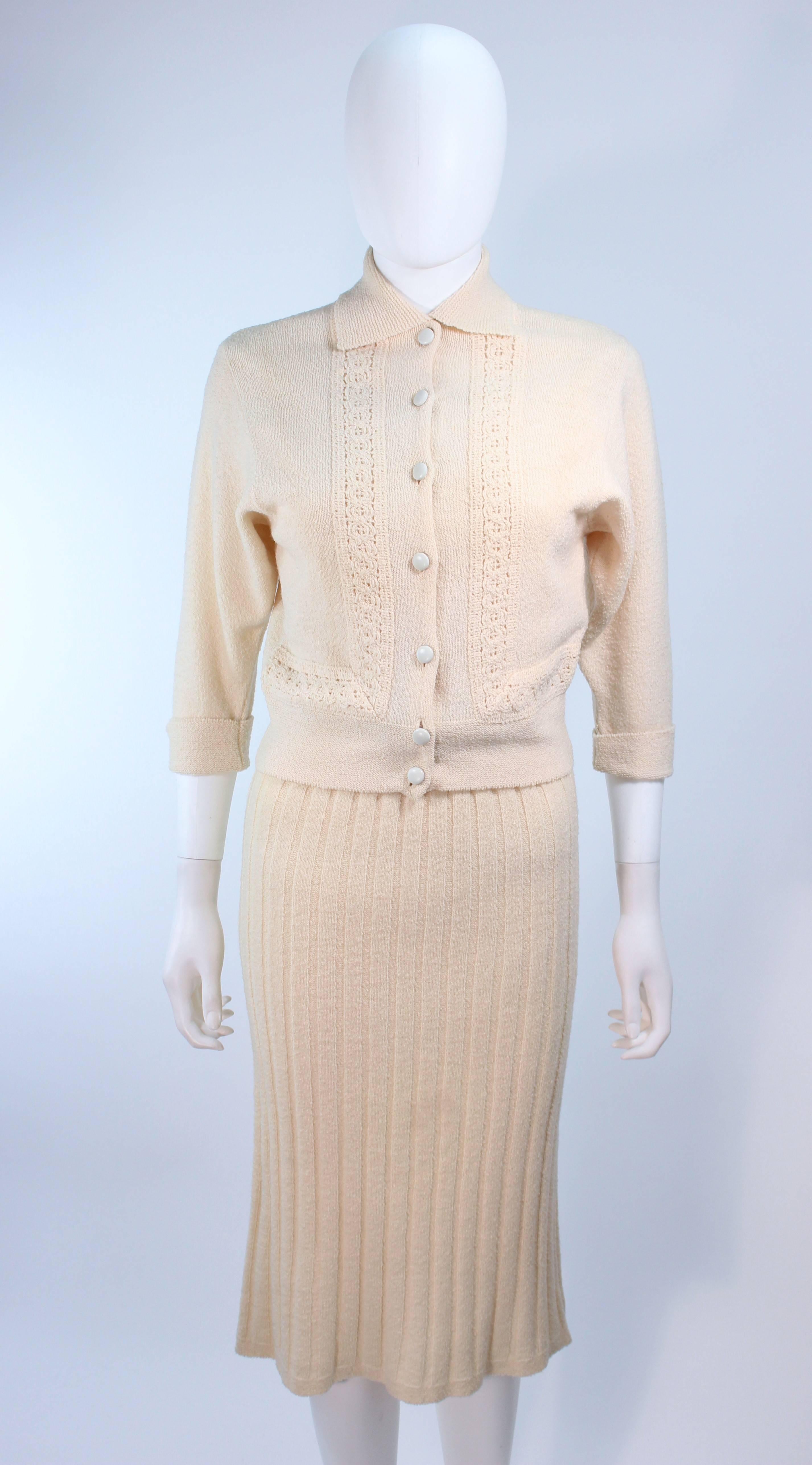 Beige Ivory 1950's Zephyr Chenille Wool Stretch Knit Dress and Sweater Ensemble Size 4 For Sale