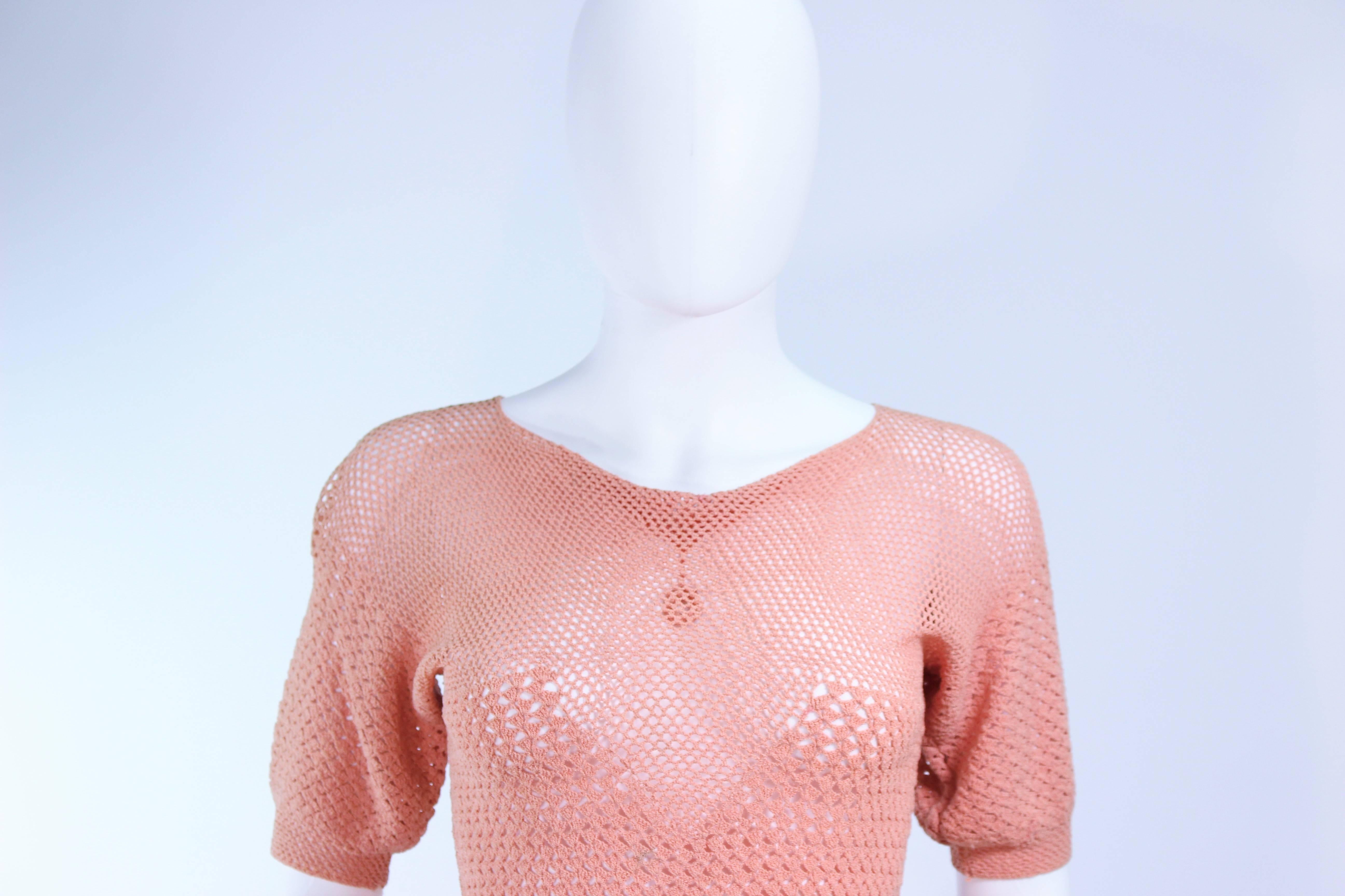 Brown 1940's Terracotta Crochet Tea Length Knit Dress Size 2 4 For Sale