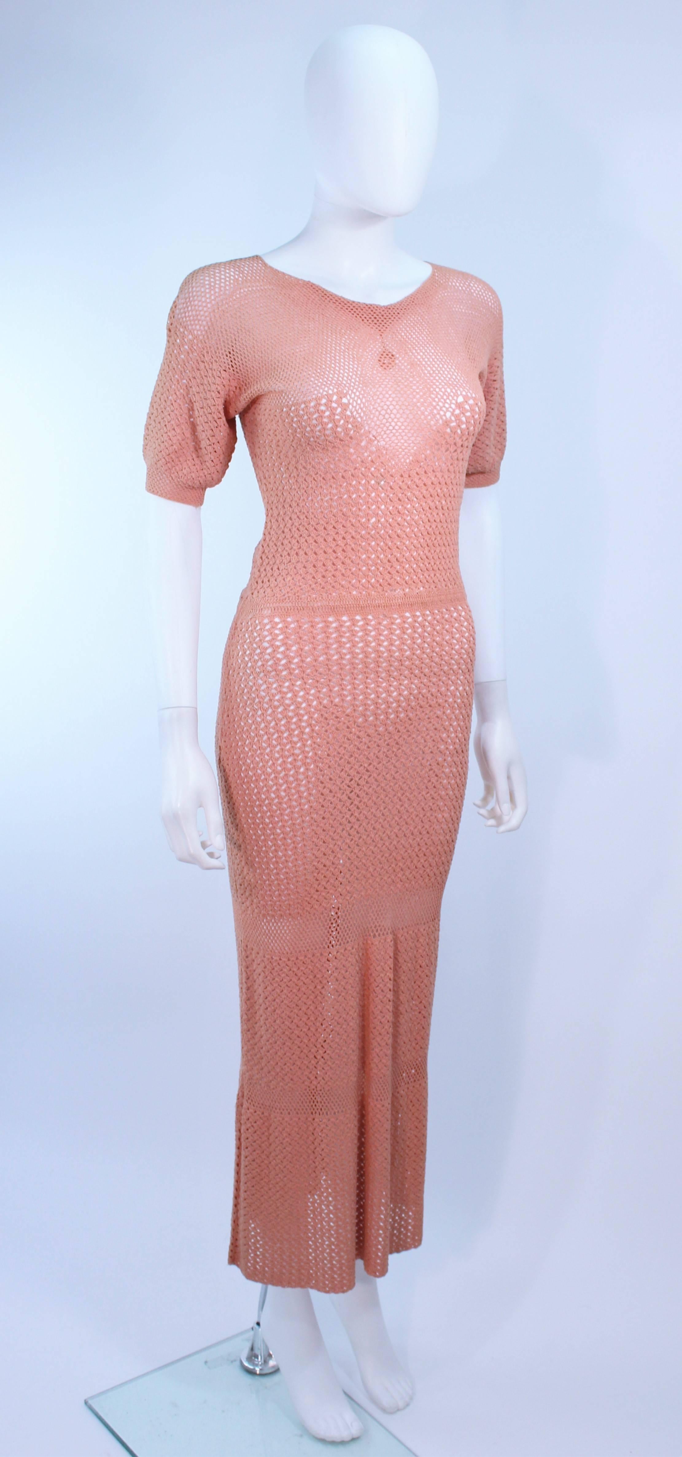 1940's Terracotta Crochet Tea Length Knit Dress Size 2 4 In Excellent Condition For Sale In Los Angeles, CA