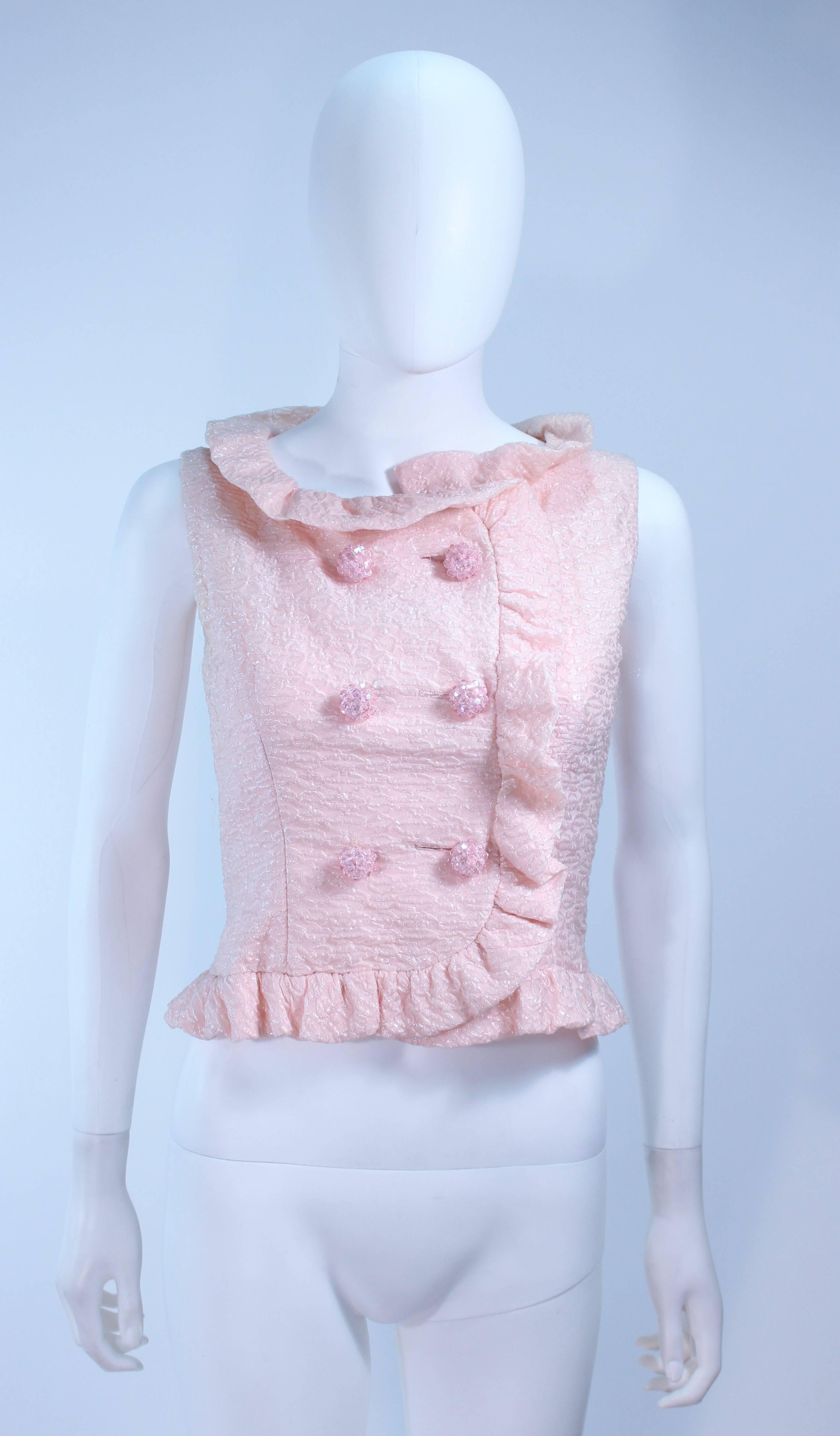 COURREGES COUTURE Pink Iridescent Crystal Button Skirt & Blouse Ensemble Size 2 For Sale 2