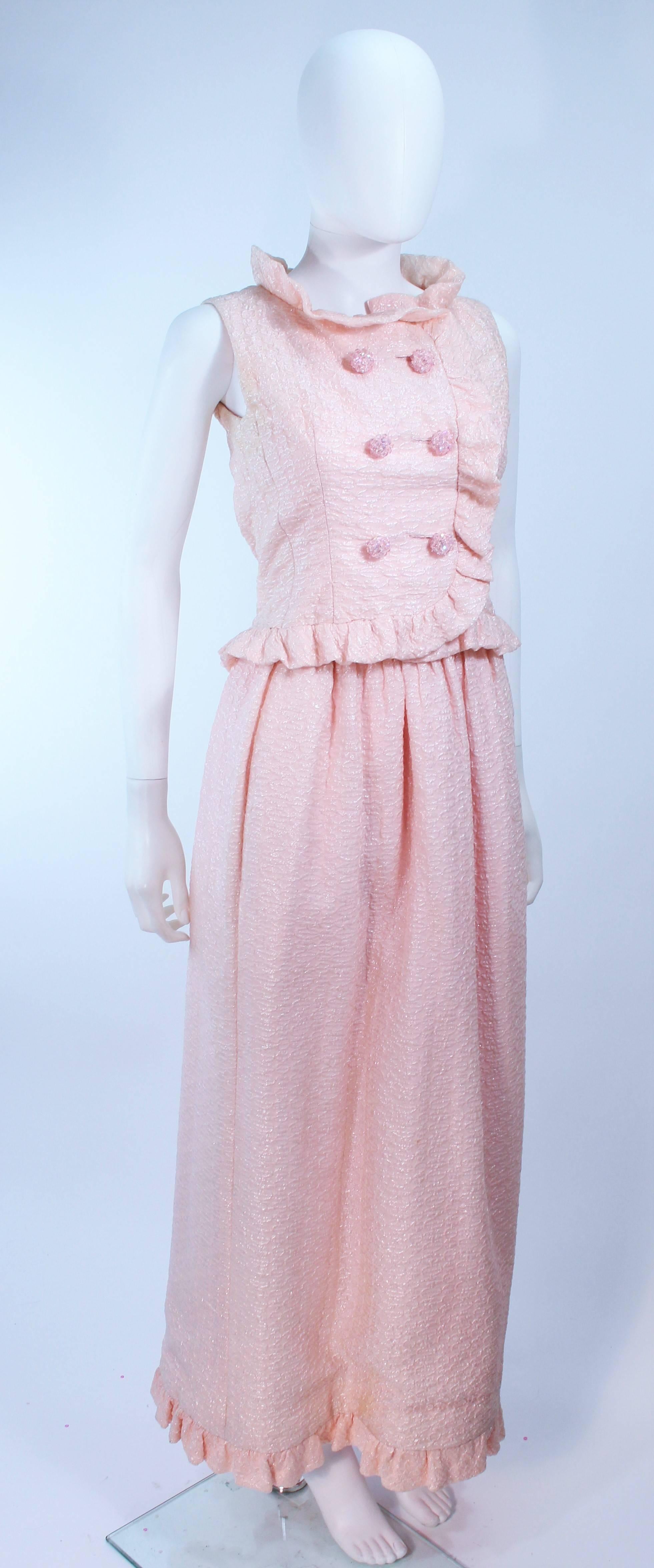 COURREGES COUTURE Pink Iridescent Crystal Button Skirt & Blouse Ensemble Size 2 In Good Condition For Sale In Los Angeles, CA