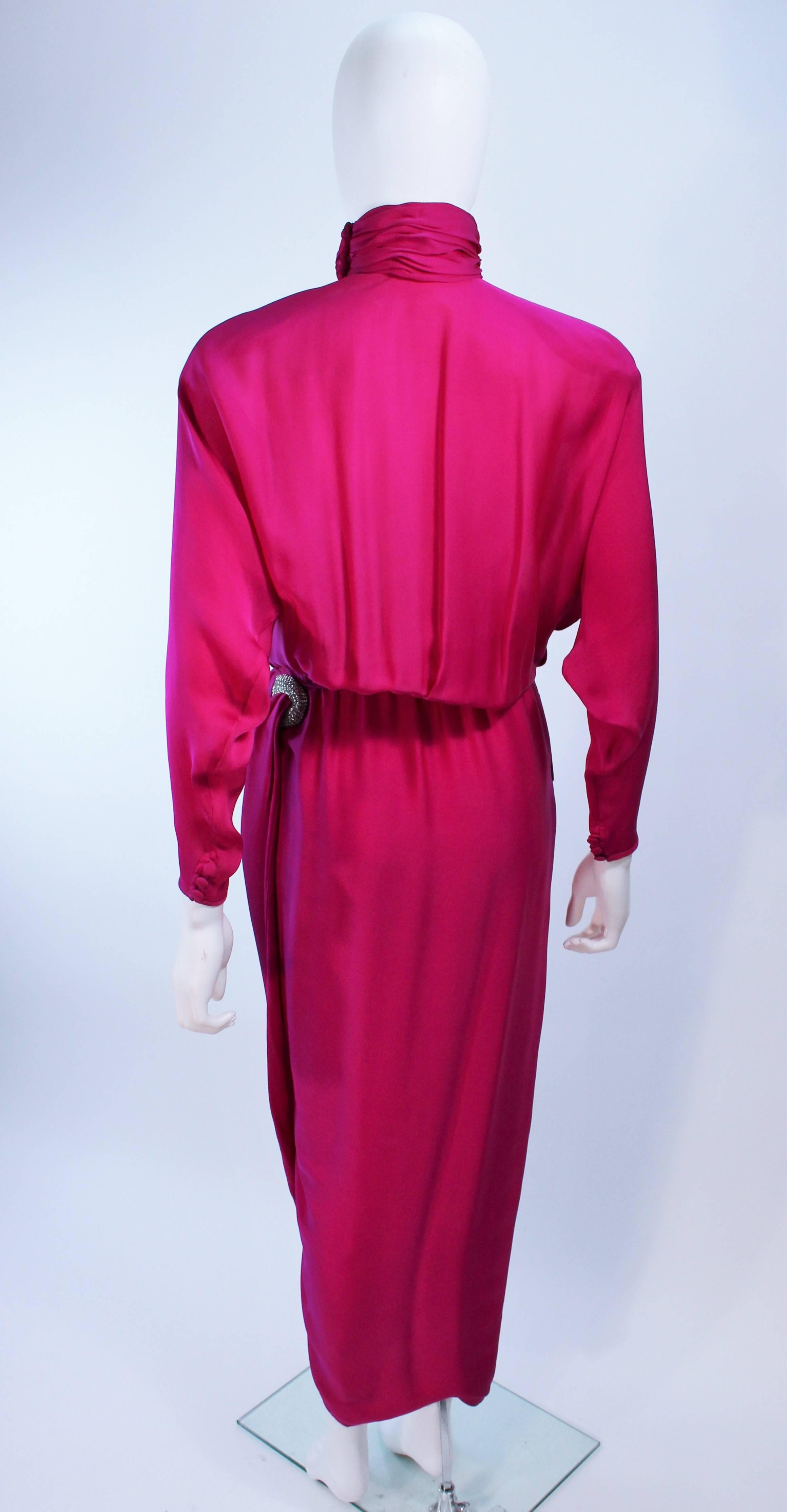 GALANOS Attributed Magenta Draped Silk Gown with Rhinestone Accents Size  4