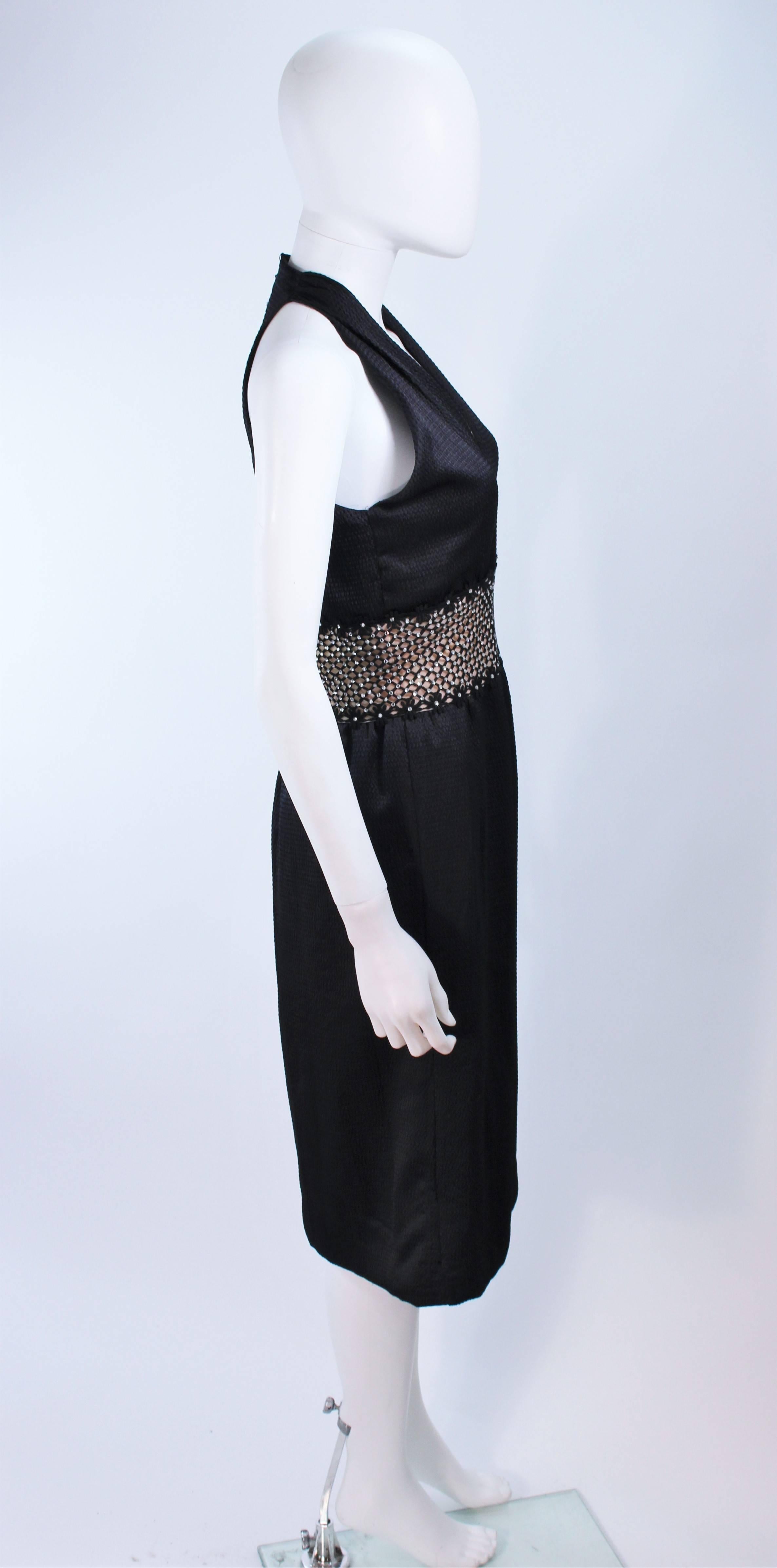 ROBERT DAVID-MORTON Black Silk Cocktail Dress Nude Rhinestone Waist Size 6 8 In Excellent Condition For Sale In Los Angeles, CA