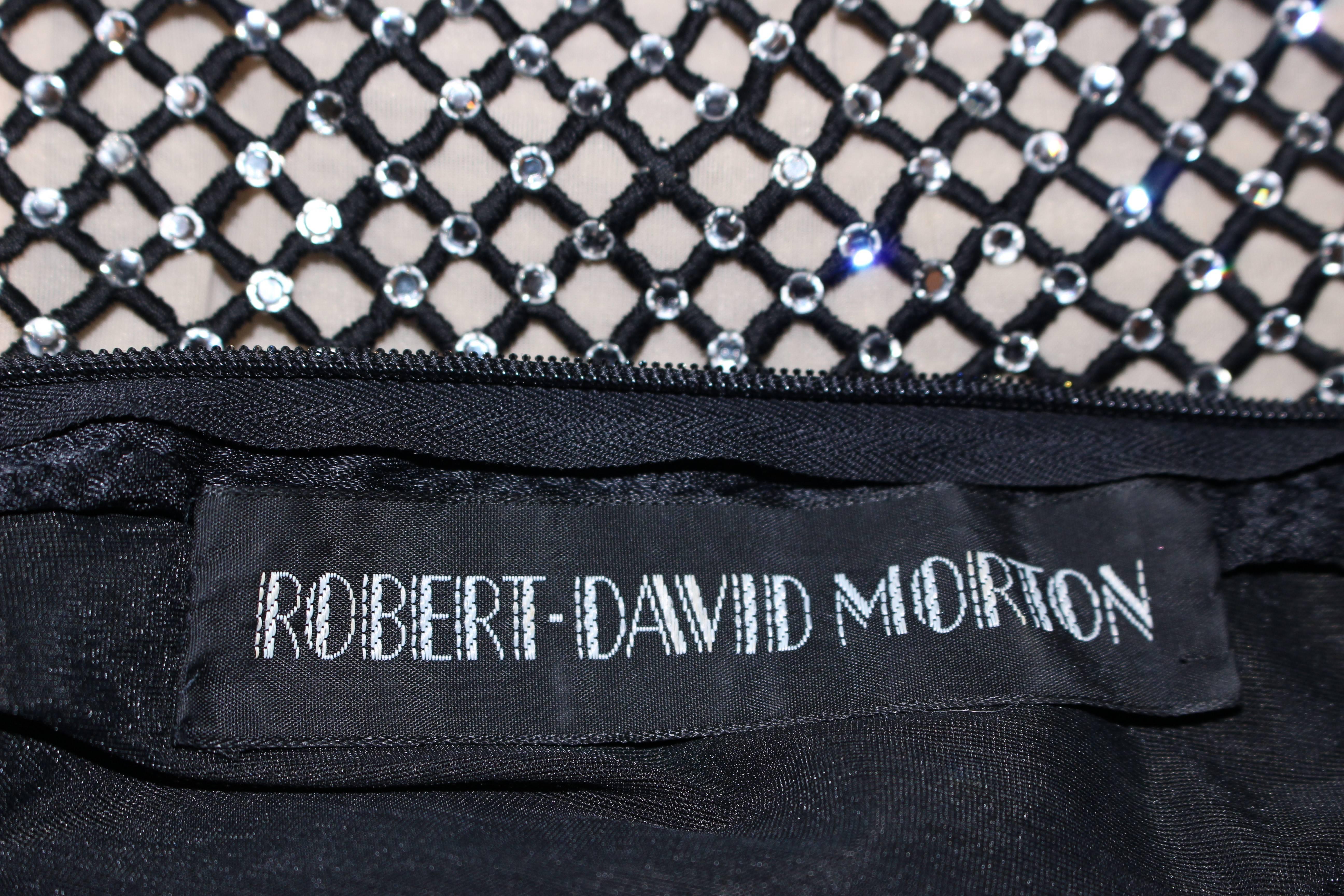 ROBERT DAVID-MORTON Black Silk Cocktail Dress Nude Rhinestone Waist Size 6 8 For Sale 2