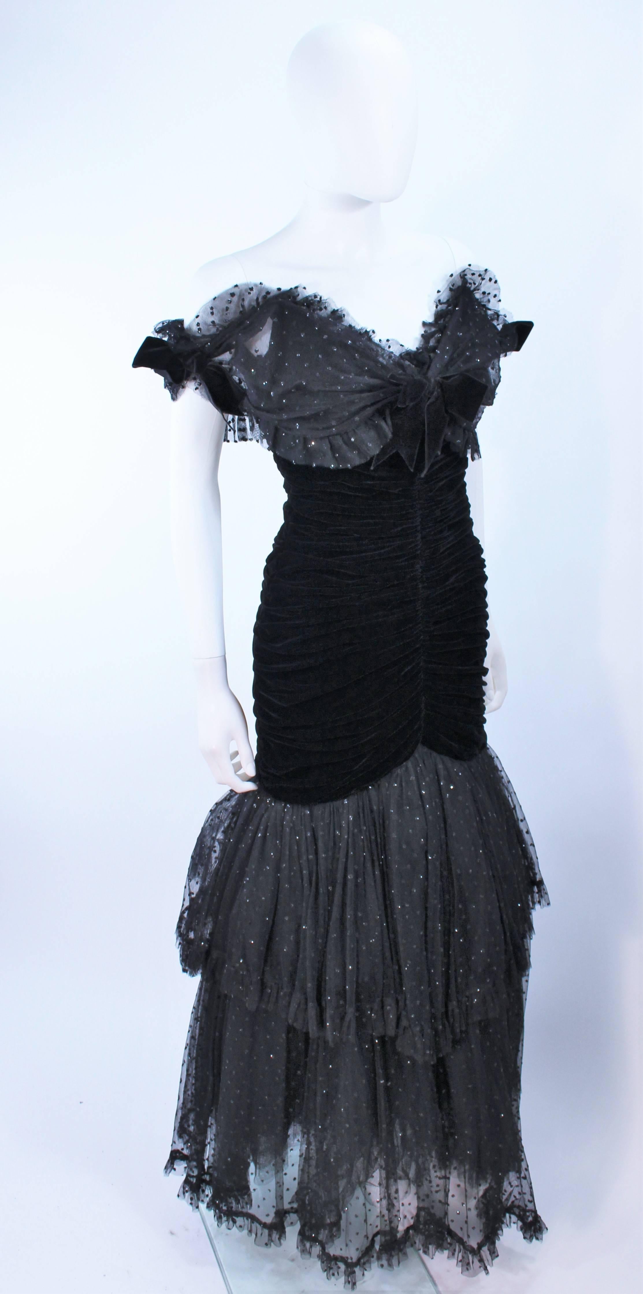 Women's BELVILLE SASSON Black Velvet and Lace Ruched Gown Size 2 For Sale