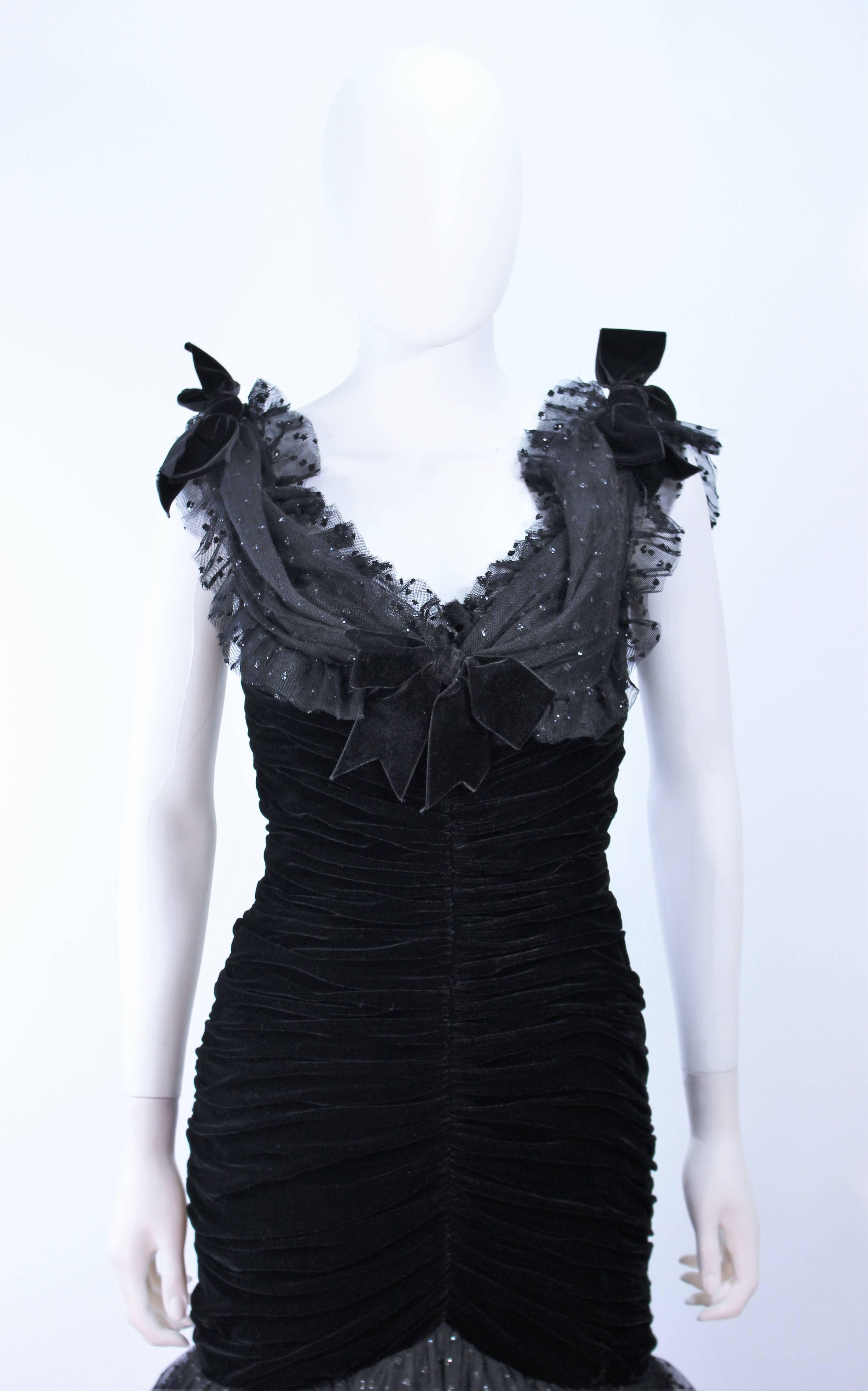 BELVILLE SASSON Black Velvet and Lace Ruched Gown Size 2 In Excellent Condition For Sale In Los Angeles, CA