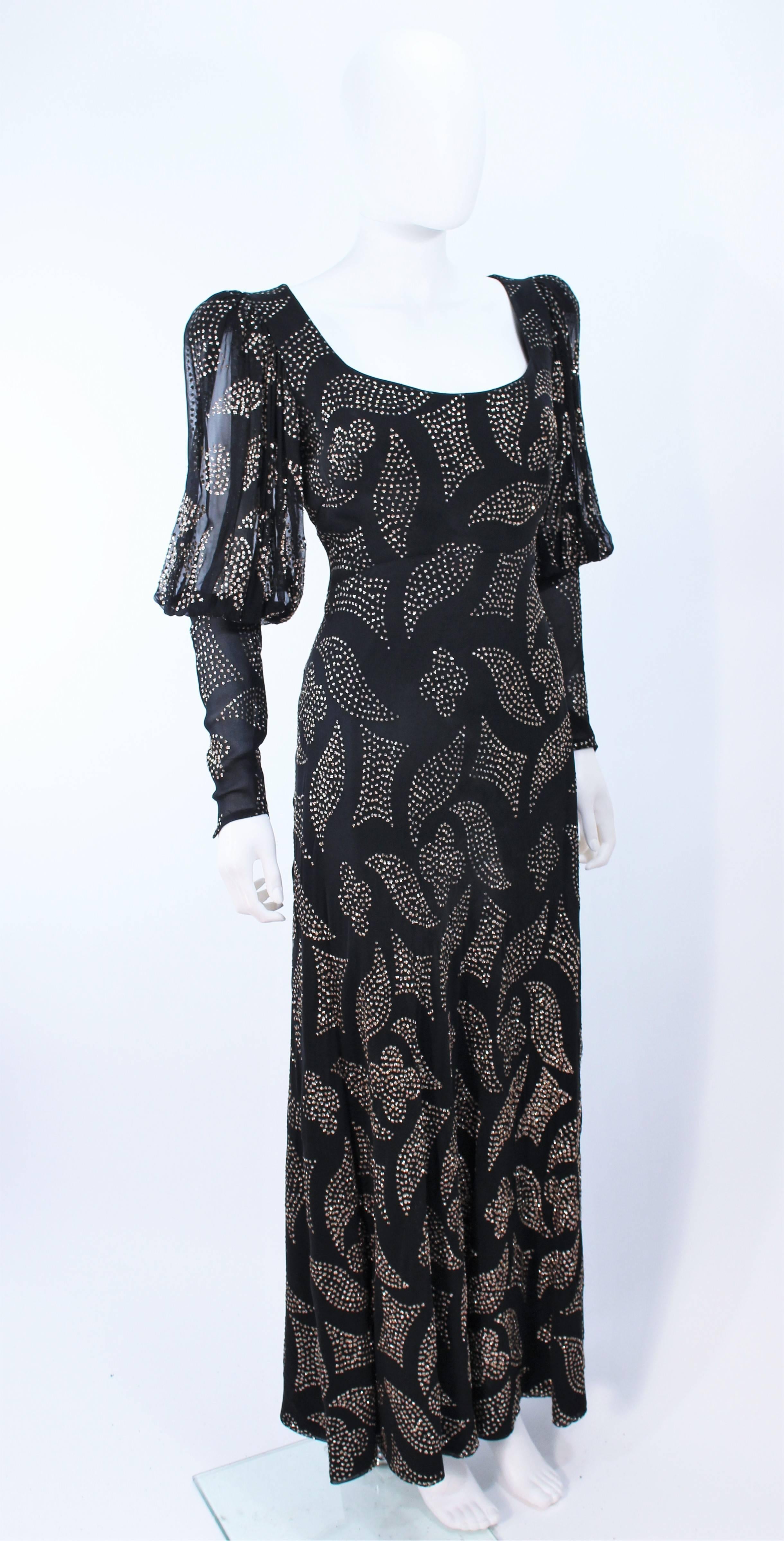 PAULINE TRIGERE 1970's Black Sequin Applique Full Length Dress Size 12 For Sale 1