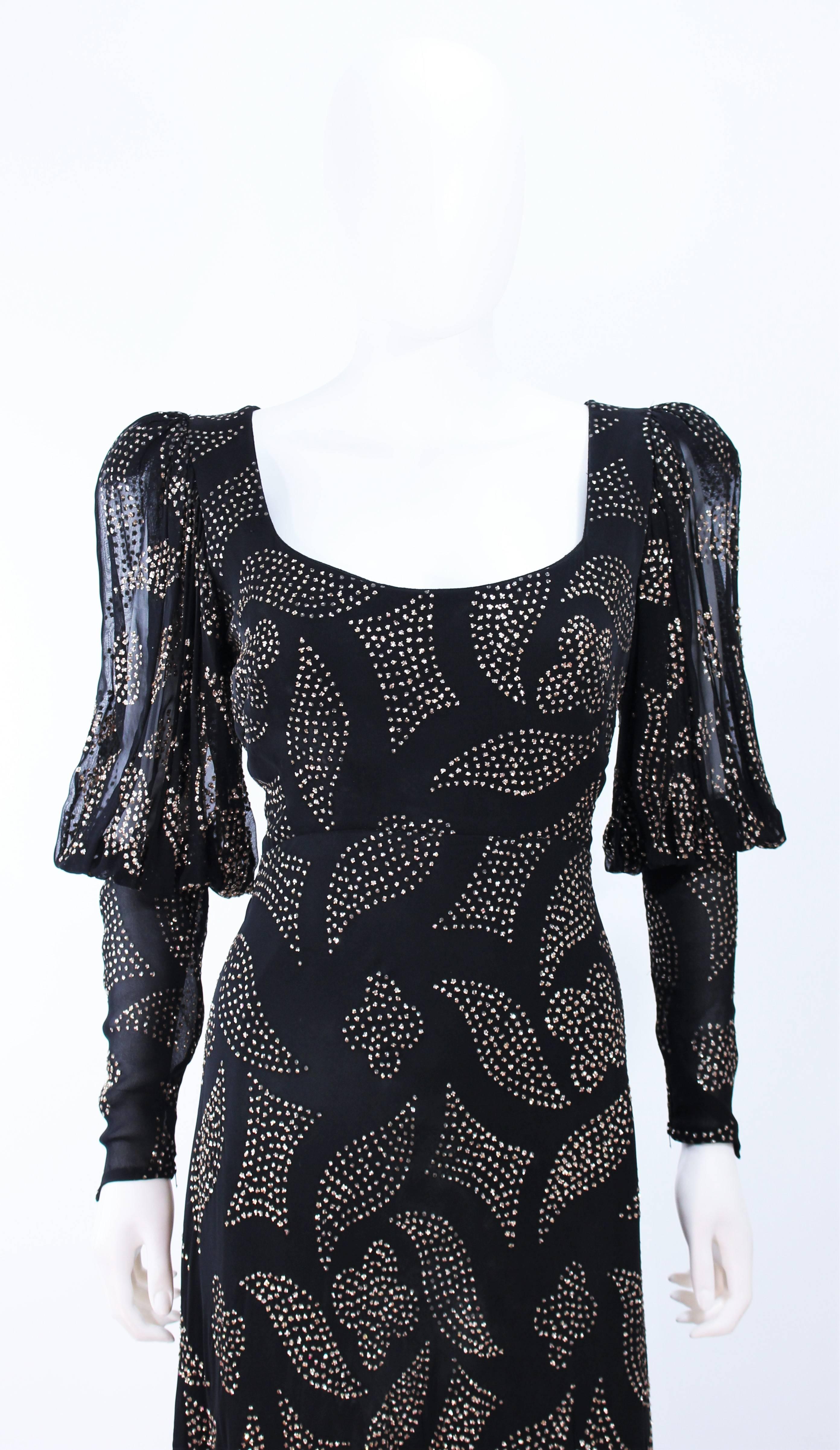 PAULINE TRIGERE 1970's Black Sequin Applique Full Length Dress Size 12 In Excellent Condition For Sale In Los Angeles, CA