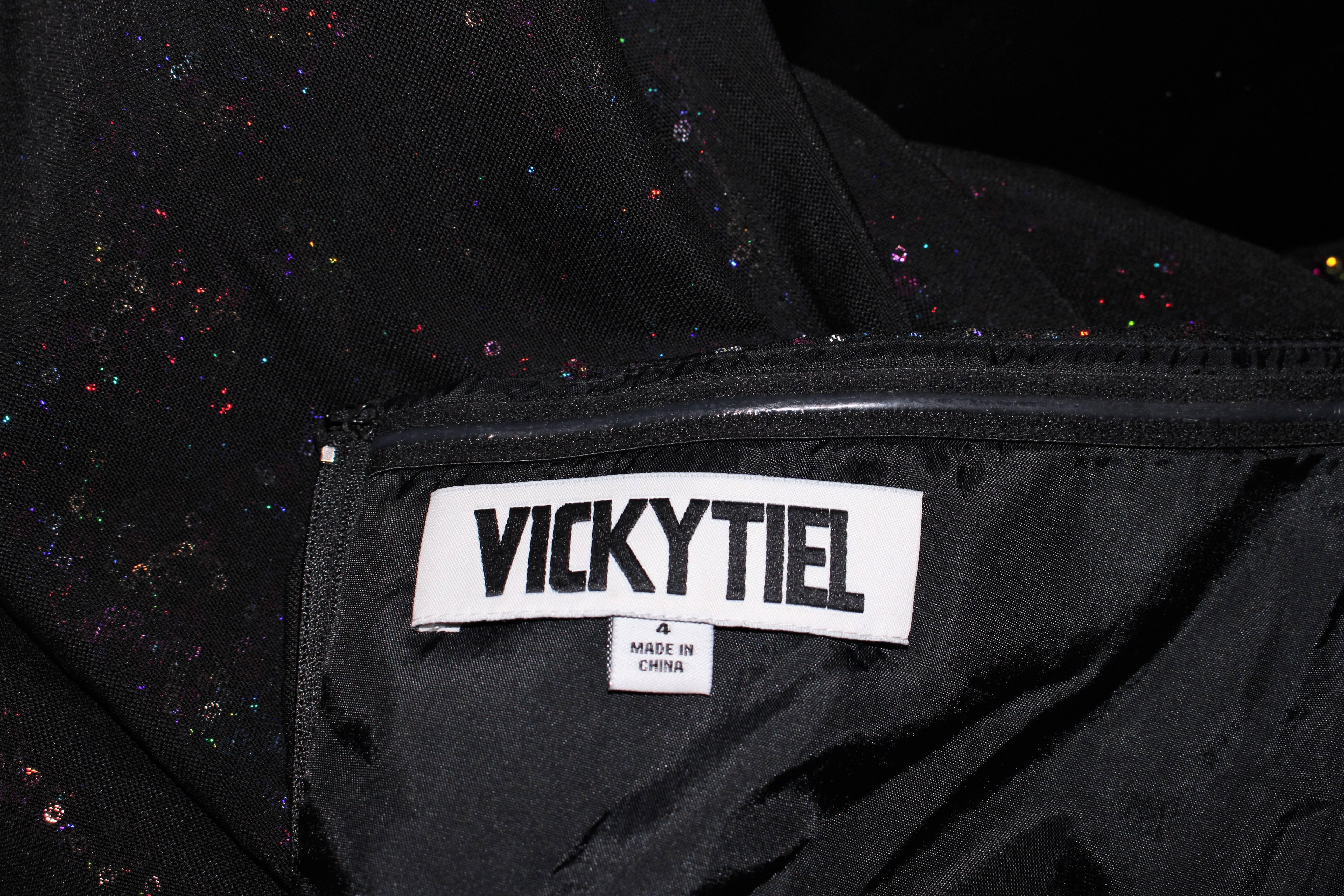 VICKY TIEL Black Draped Gown with Iridescent Rainbow Sequin Interior Size 4 For Sale 3