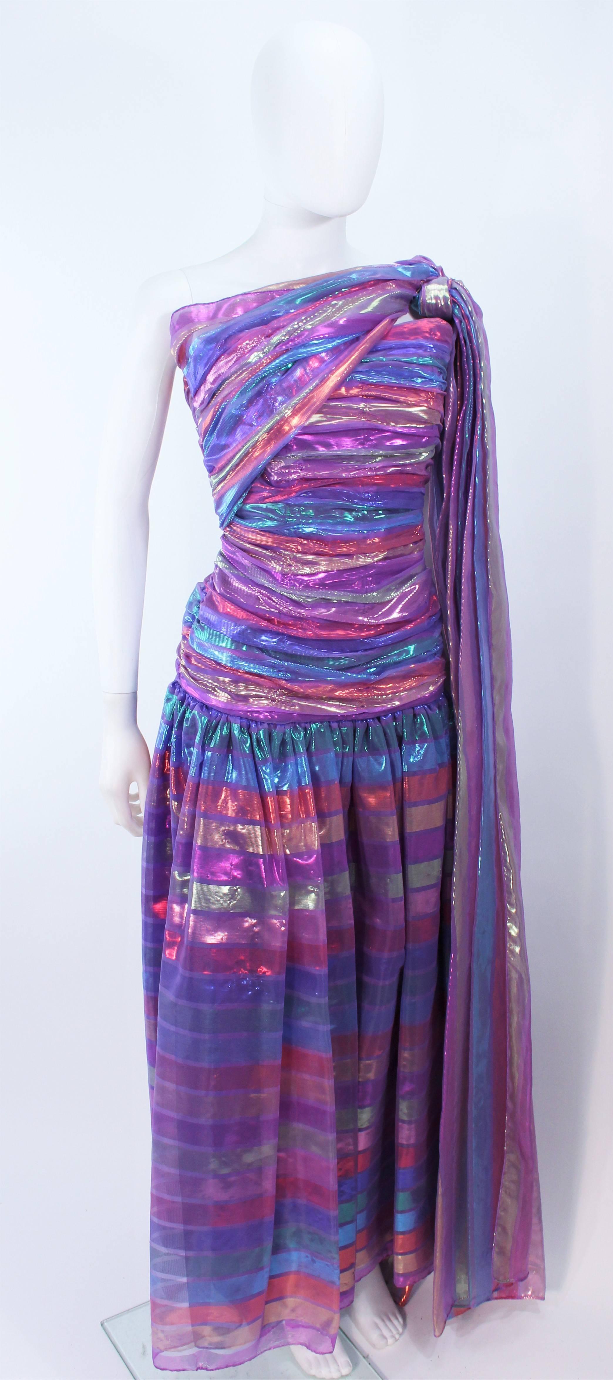 VICTOR COSTA 1970's Iridescent Rainbow Lame Gown with Drape Size 6 8 In Excellent Condition In Los Angeles, CA