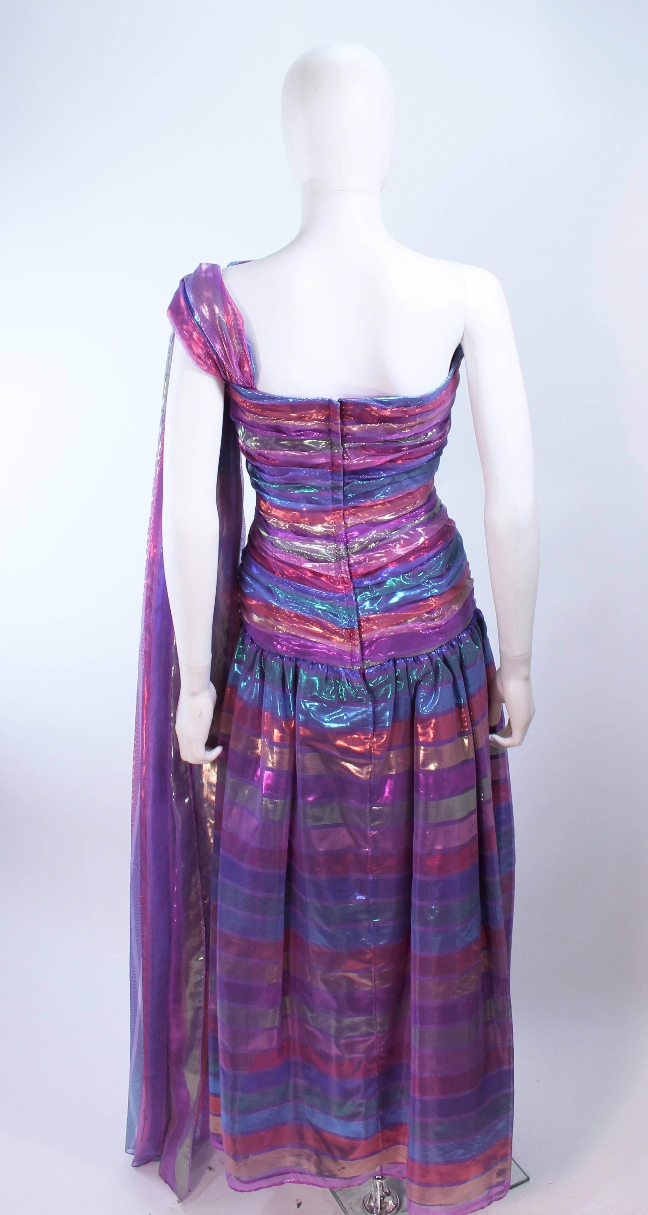 VICTOR COSTA 1970's Iridescent Rainbow Lame Gown with Drape Size 6 8 3