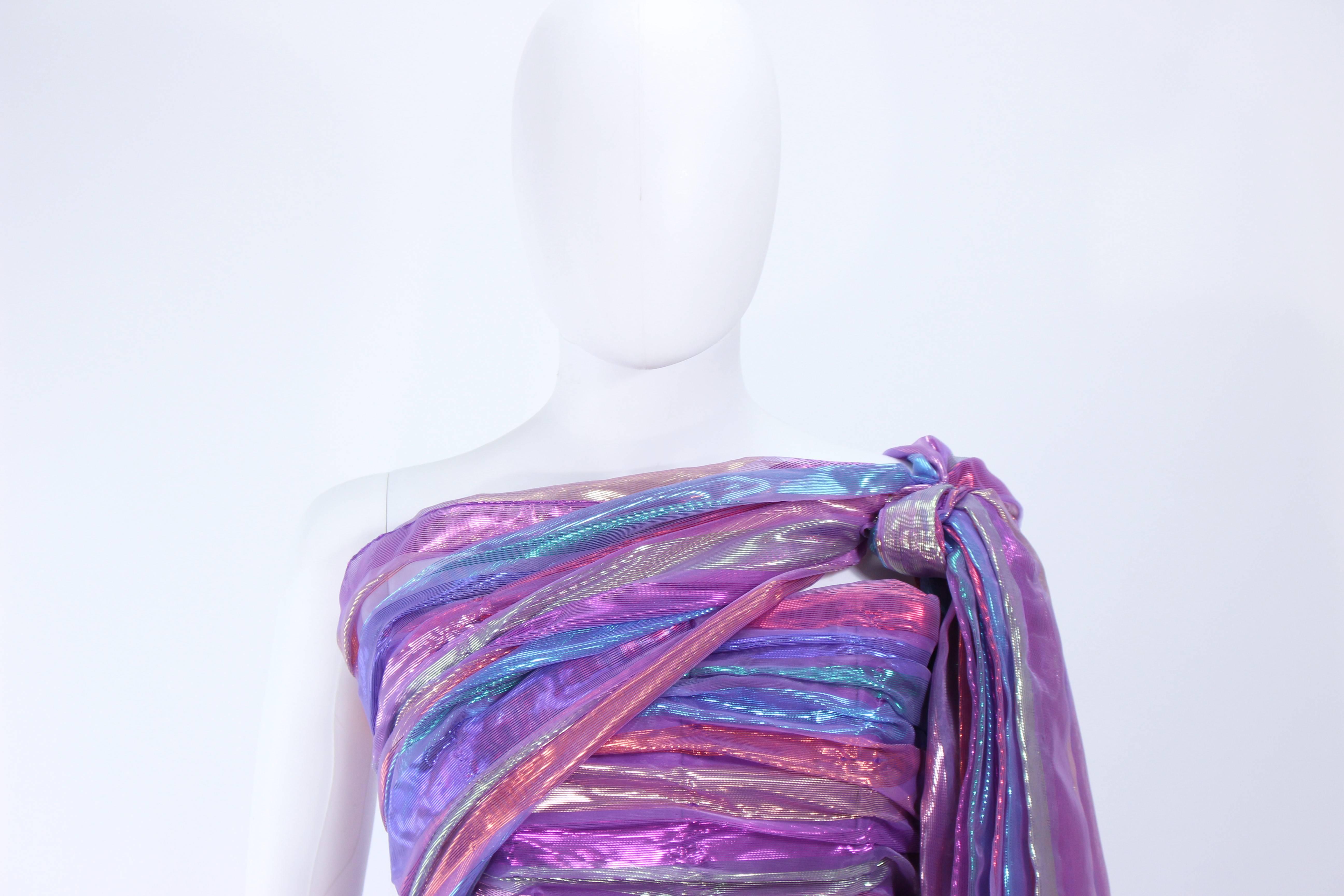 Purple VICTOR COSTA 1970's Iridescent Rainbow Lame Gown with Drape Size 6 8