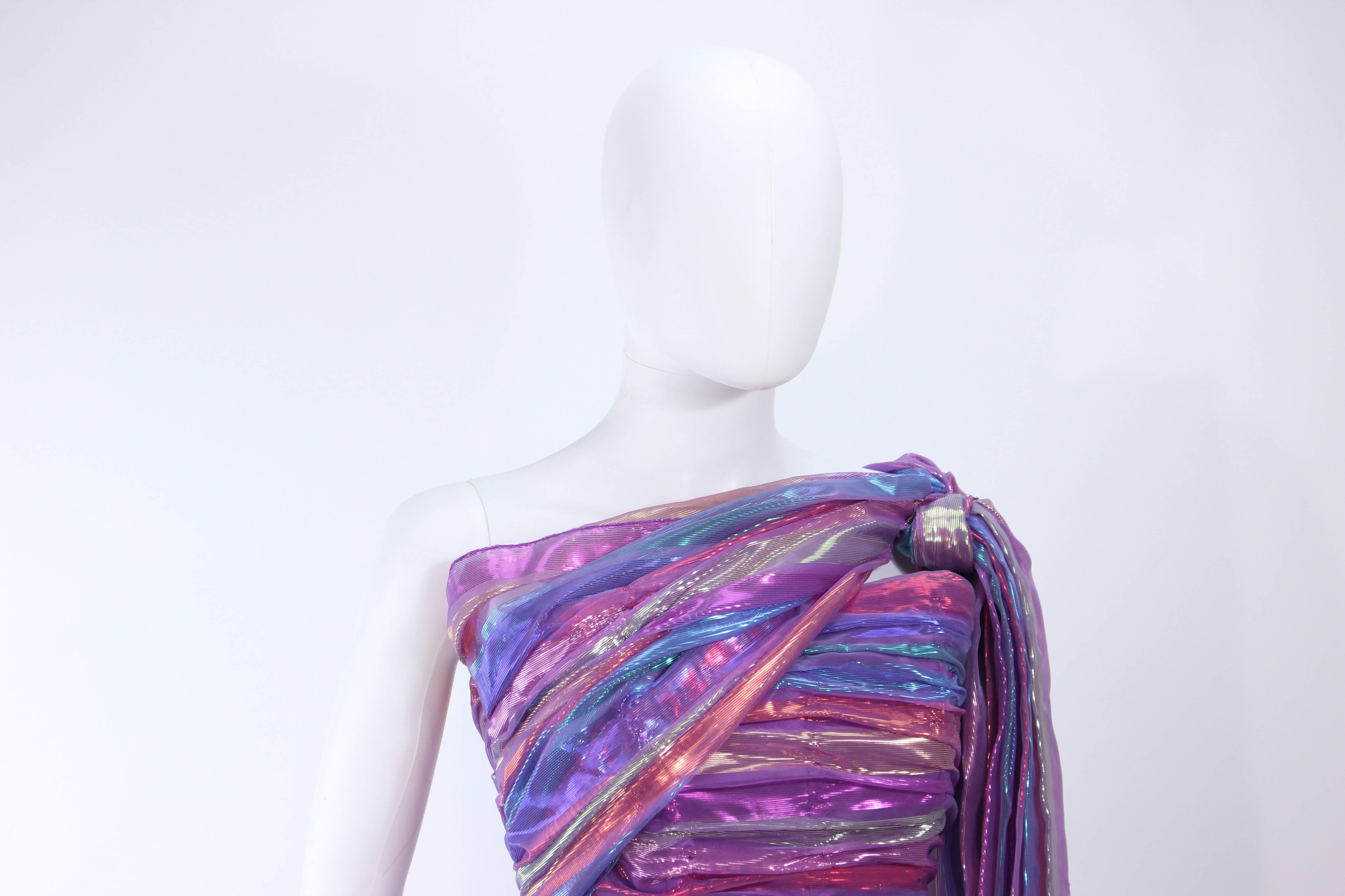 VICTOR COSTA 1970's Iridescent Rainbow Lame Gown with Drape Size 6 8 1