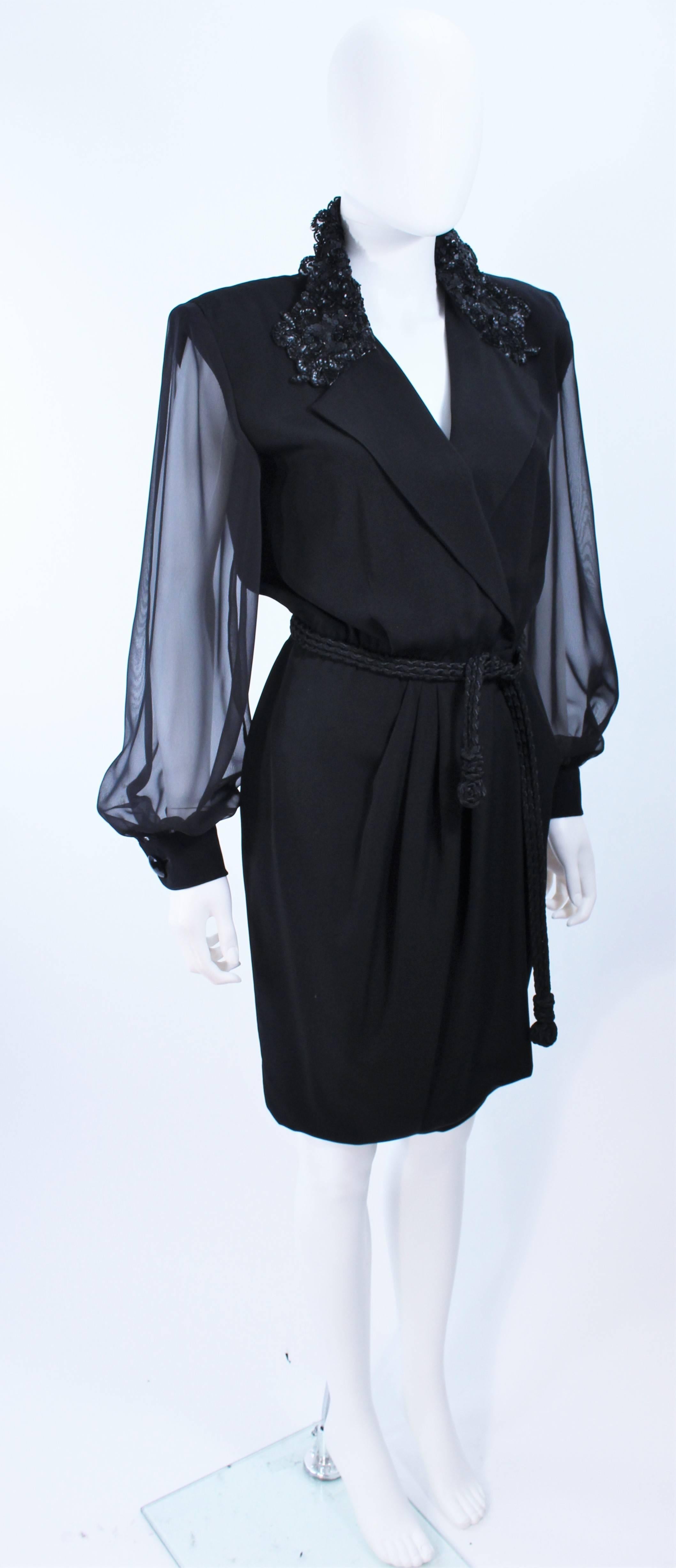 LIAN CARLO Black Sequin Chiffon Sheer Sleeve Cocktail Dress Size 8 For Sale 1