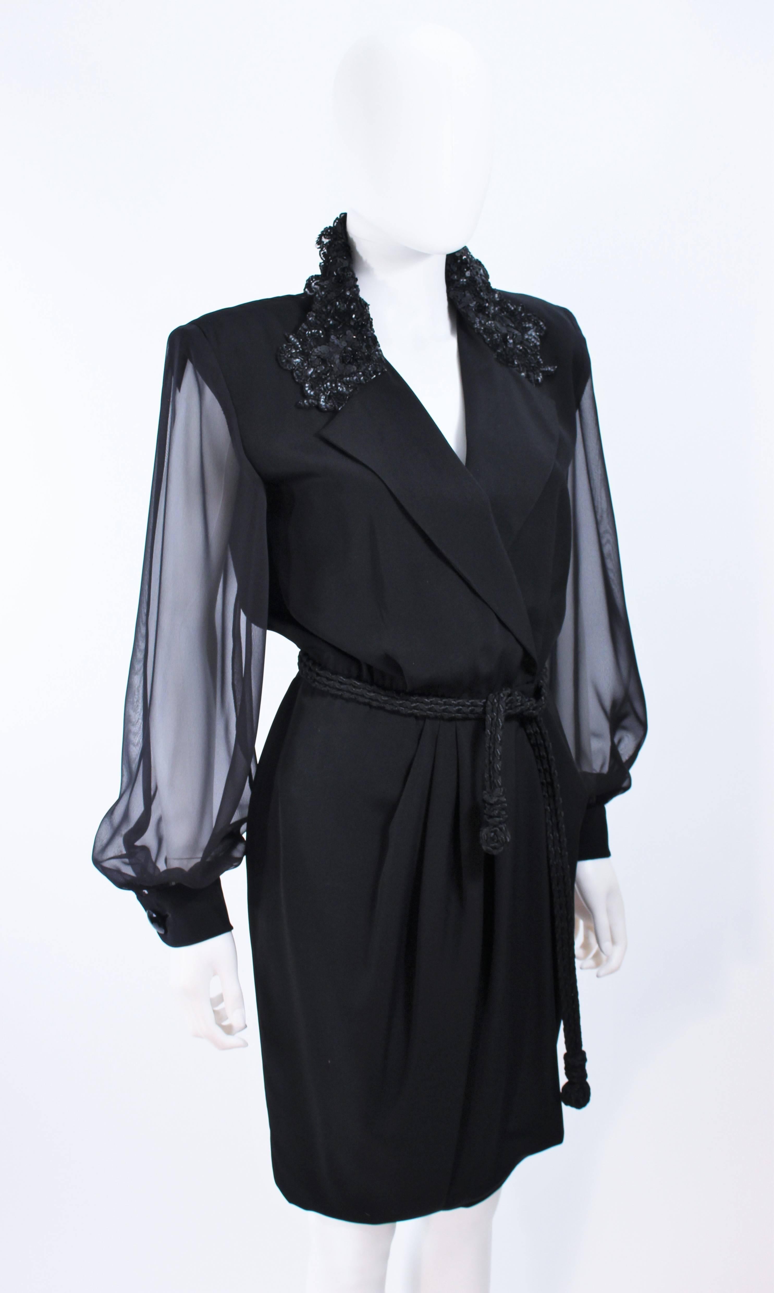 LIAN CARLO Black Sequin Chiffon Sheer Sleeve Cocktail Dress Size 8 For Sale 2