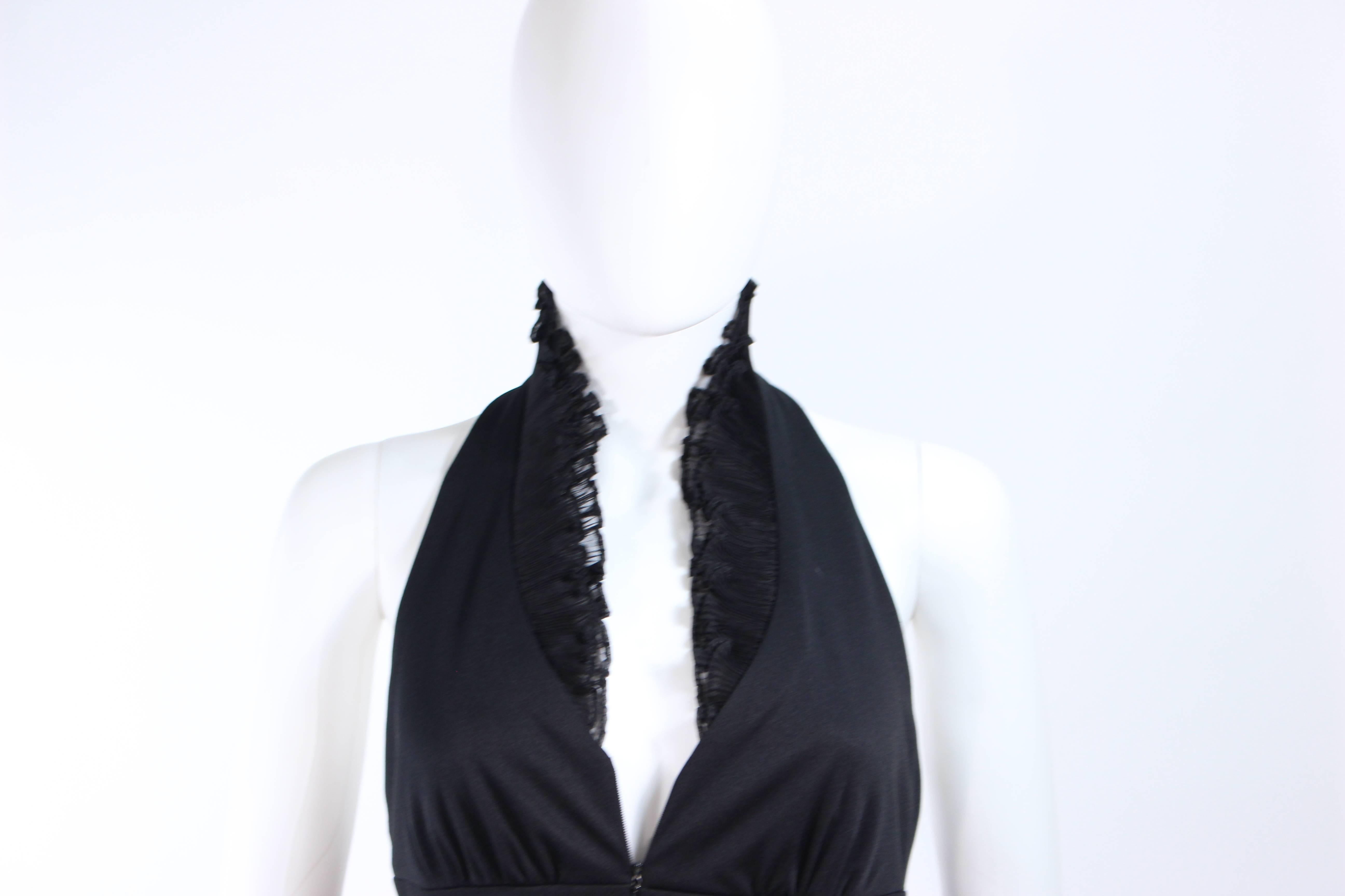 Vintage 1970's Black Jersey Halter Dress with Ruffled Collar Size 6  In Excellent Condition For Sale In Los Angeles, CA