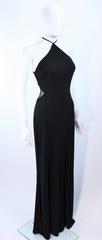 NICOLE BARTI Black Stretch Jersey Evening Gown Mesh Cutout Rhinestones Size L