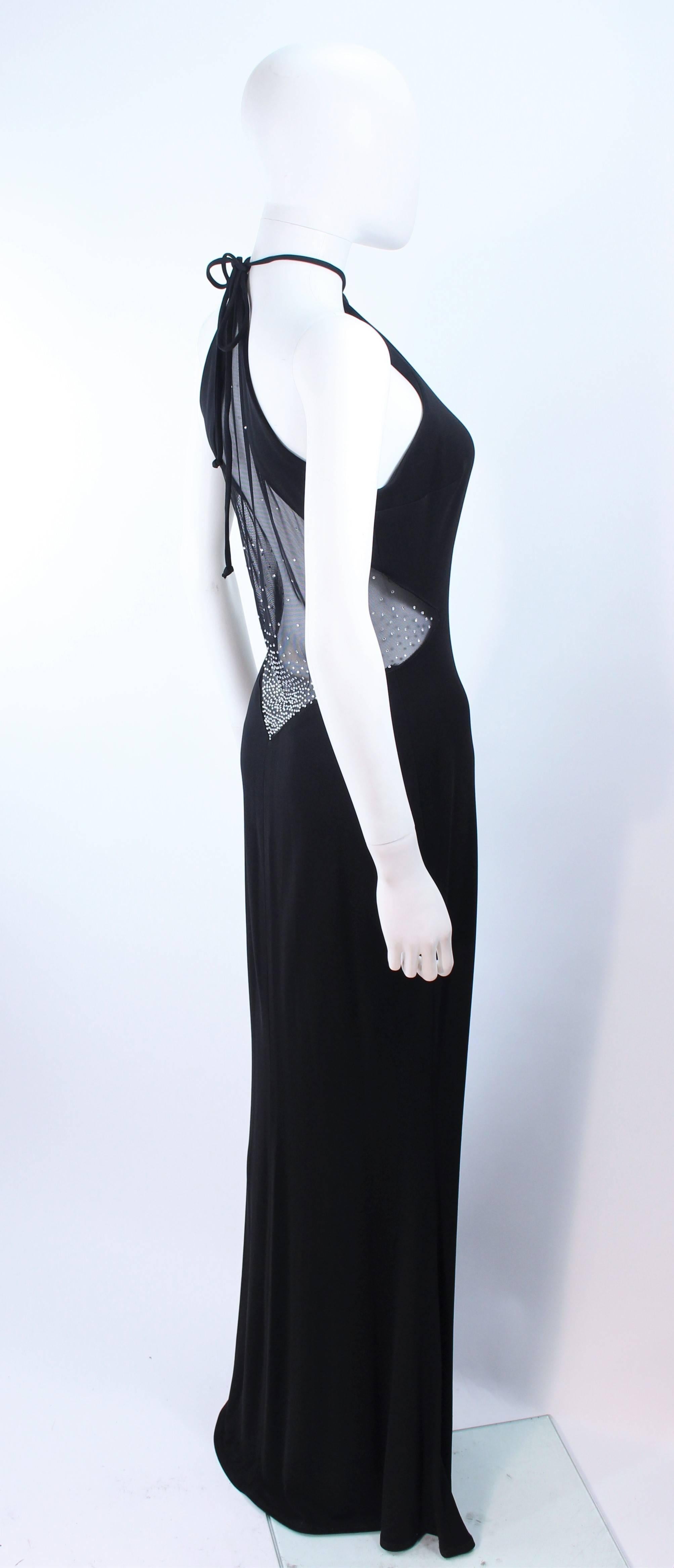 NICOLE BARTI Black Stretch Jersey Evening Gown Mesh Cutout Rhinestones Size L In Excellent Condition For Sale In Los Angeles, CA