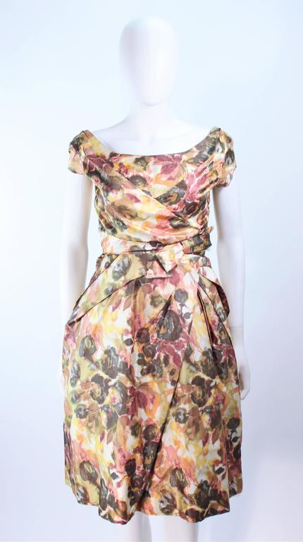 Vintage 1950's Earth Tone Cocktail Dress With Watercolor Floral Pattern Size 0