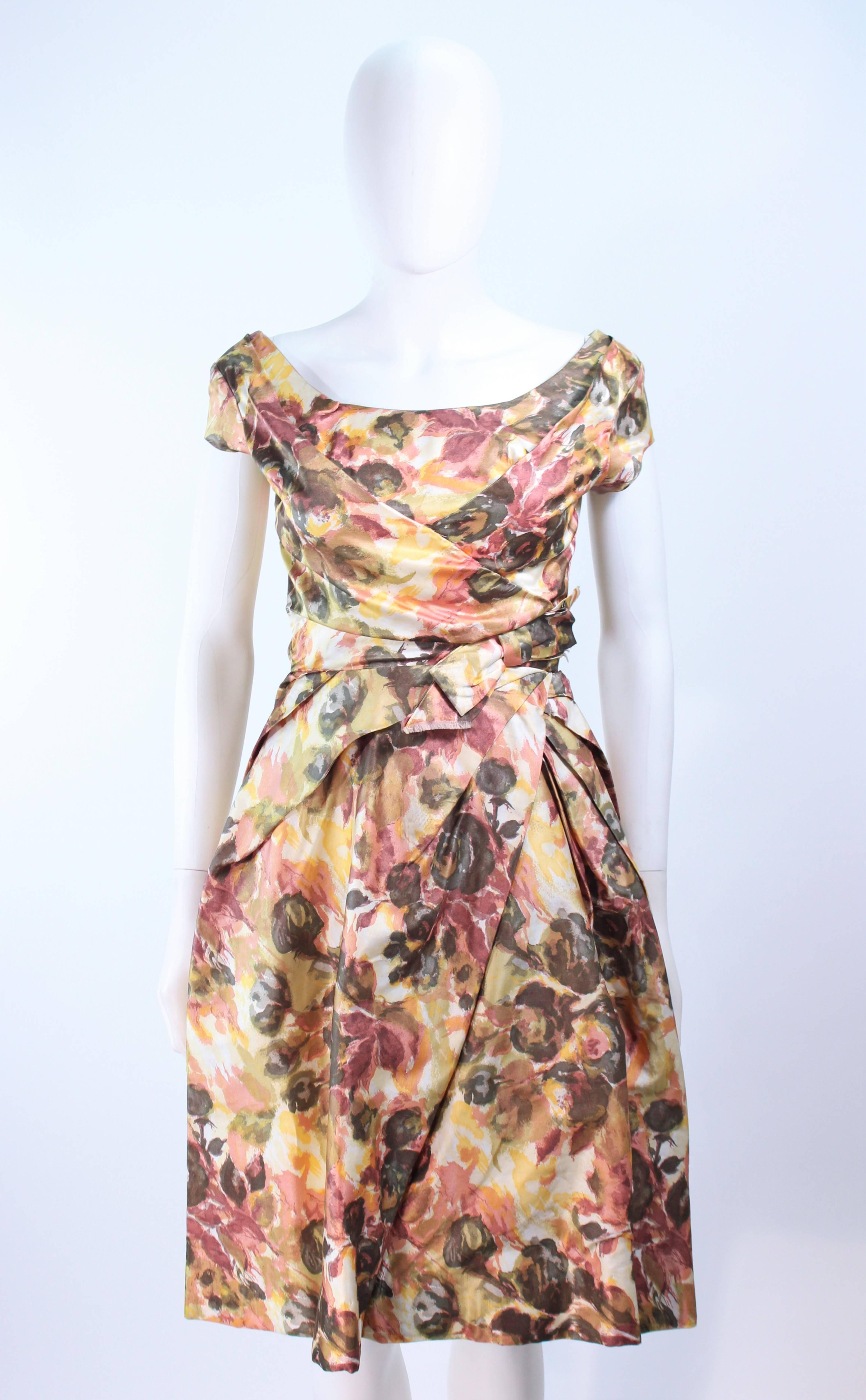 Vintage 1950's Earth Tone Cocktail Dress with Watercolor Floral Pattern Size 0 For Sale 1
