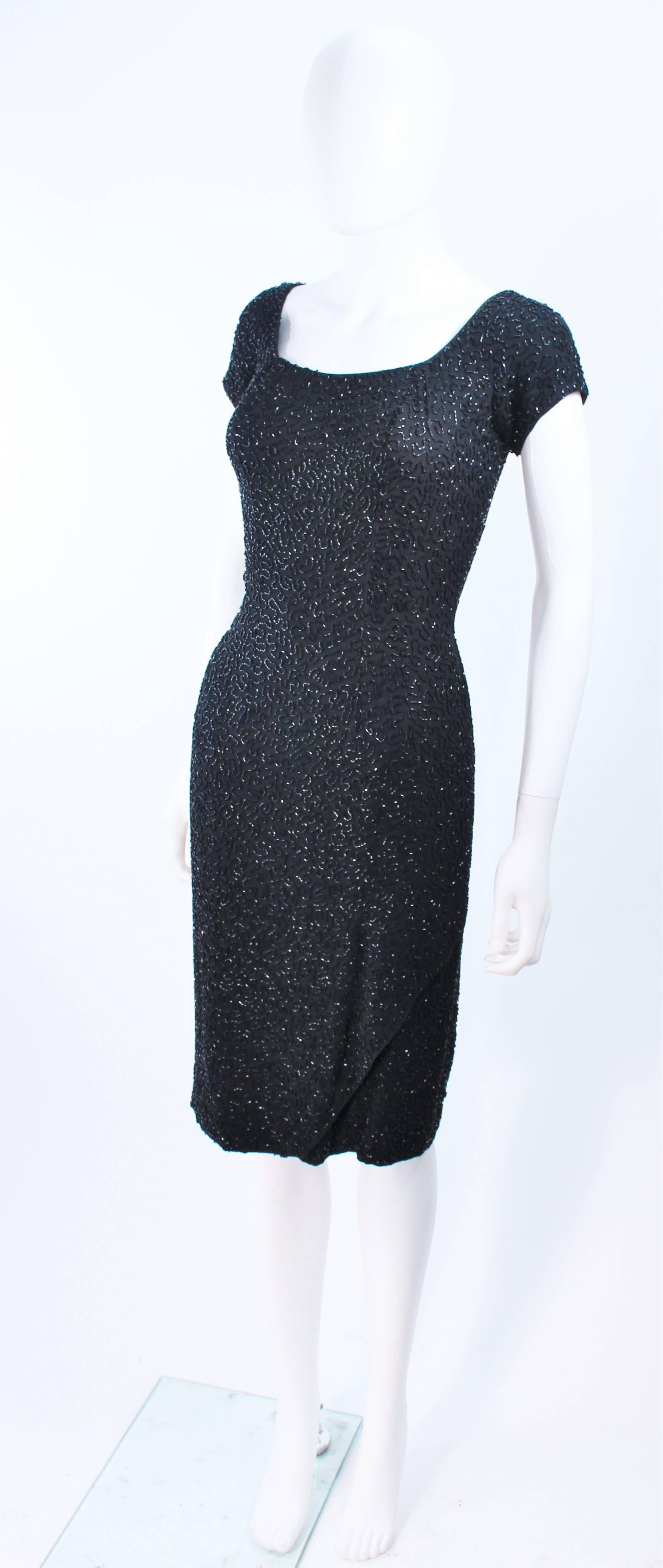 CEIL CHAPMAN 1960's Black Hand Beaded Silk Cocktail Dress with Drape Size 4  For Sale 1