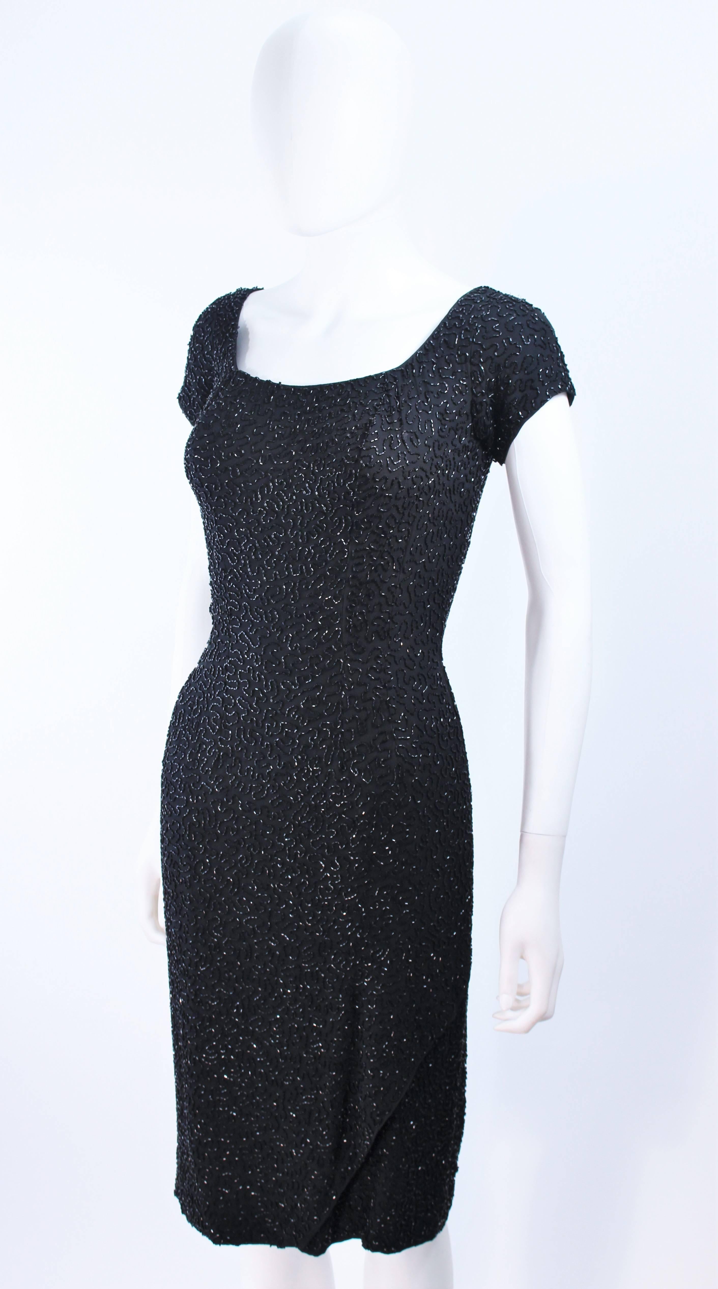 CEIL CHAPMAN 1960's Black Hand Beaded Silk Cocktail Dress with Drape Size 4  For Sale 2