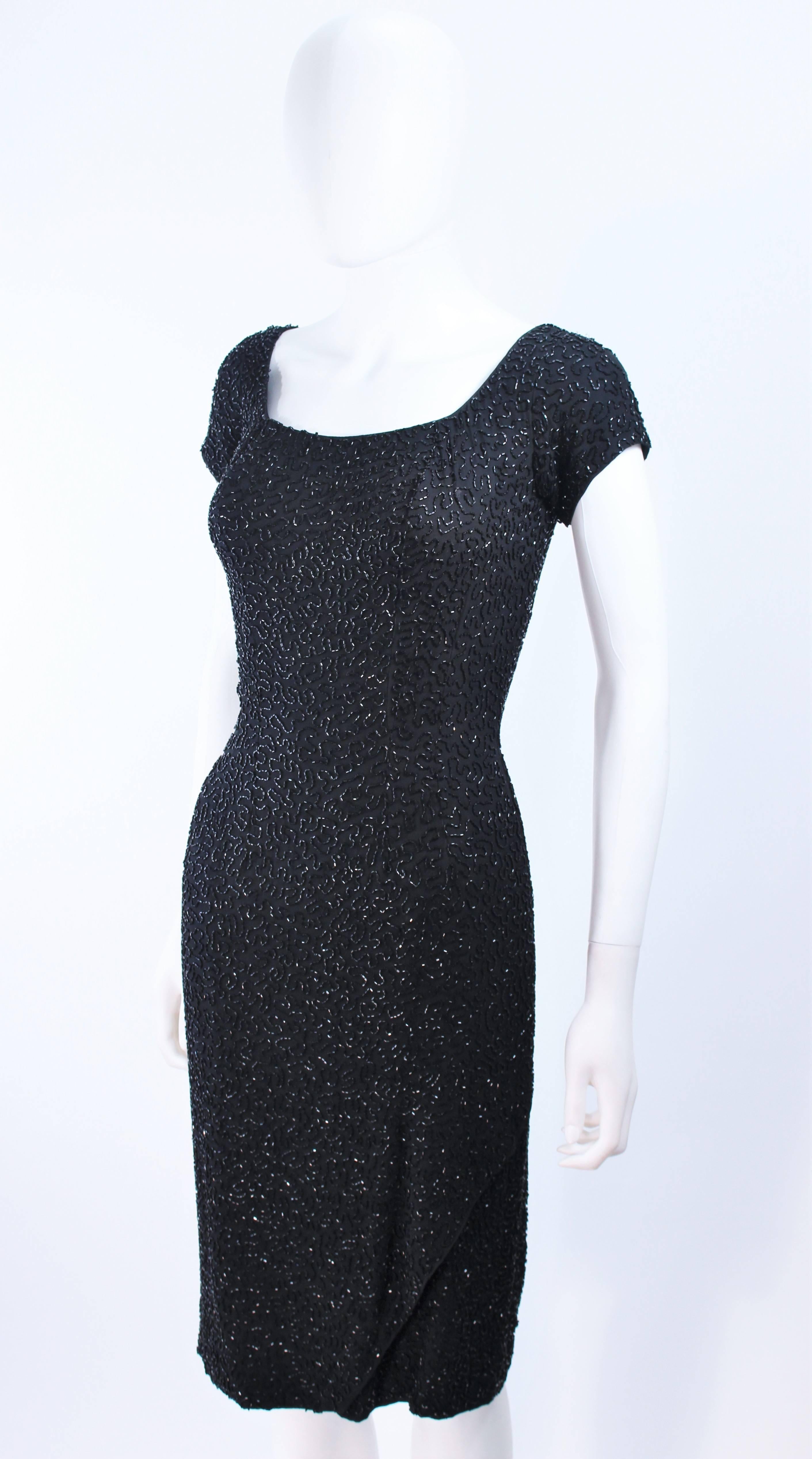 CEIL CHAPMAN 1960's Black Hand Beaded Silk Cocktail Dress with Drape Size 4 For Sale 2