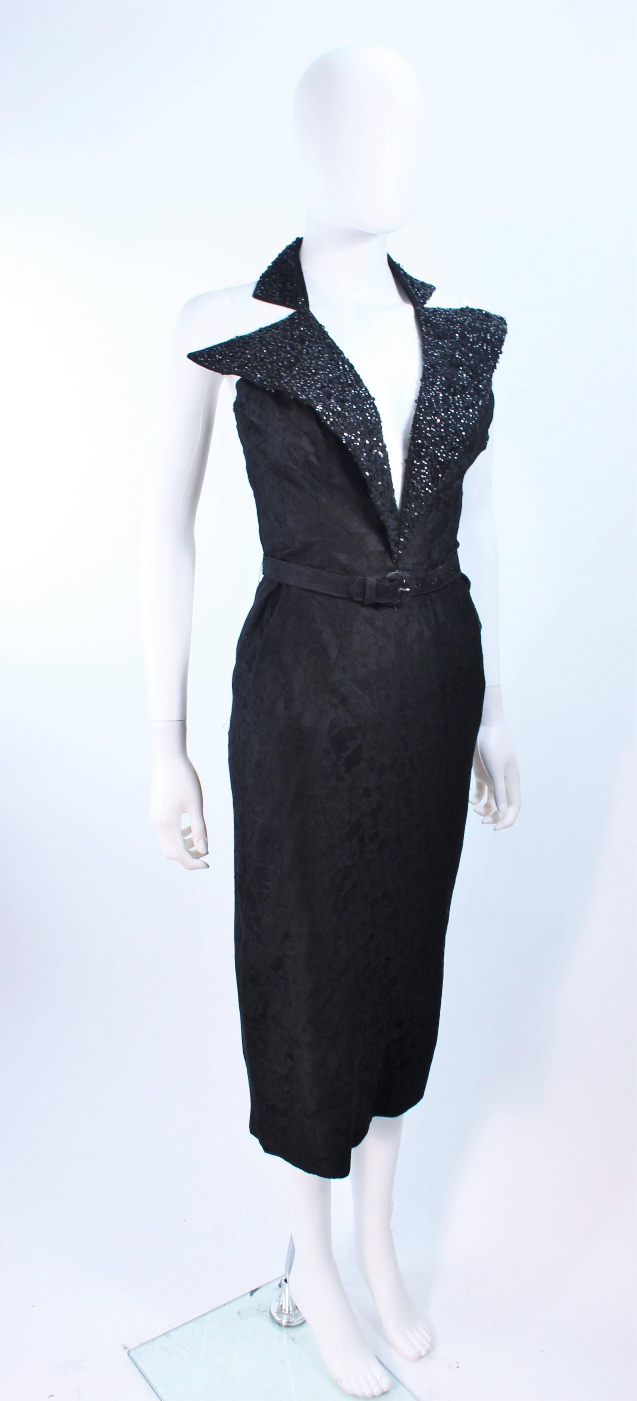MIGUEL by Kenneth Johnson 1950's  Black Lace Cocktail Dress Sequin Collar Size 0 For Sale 1