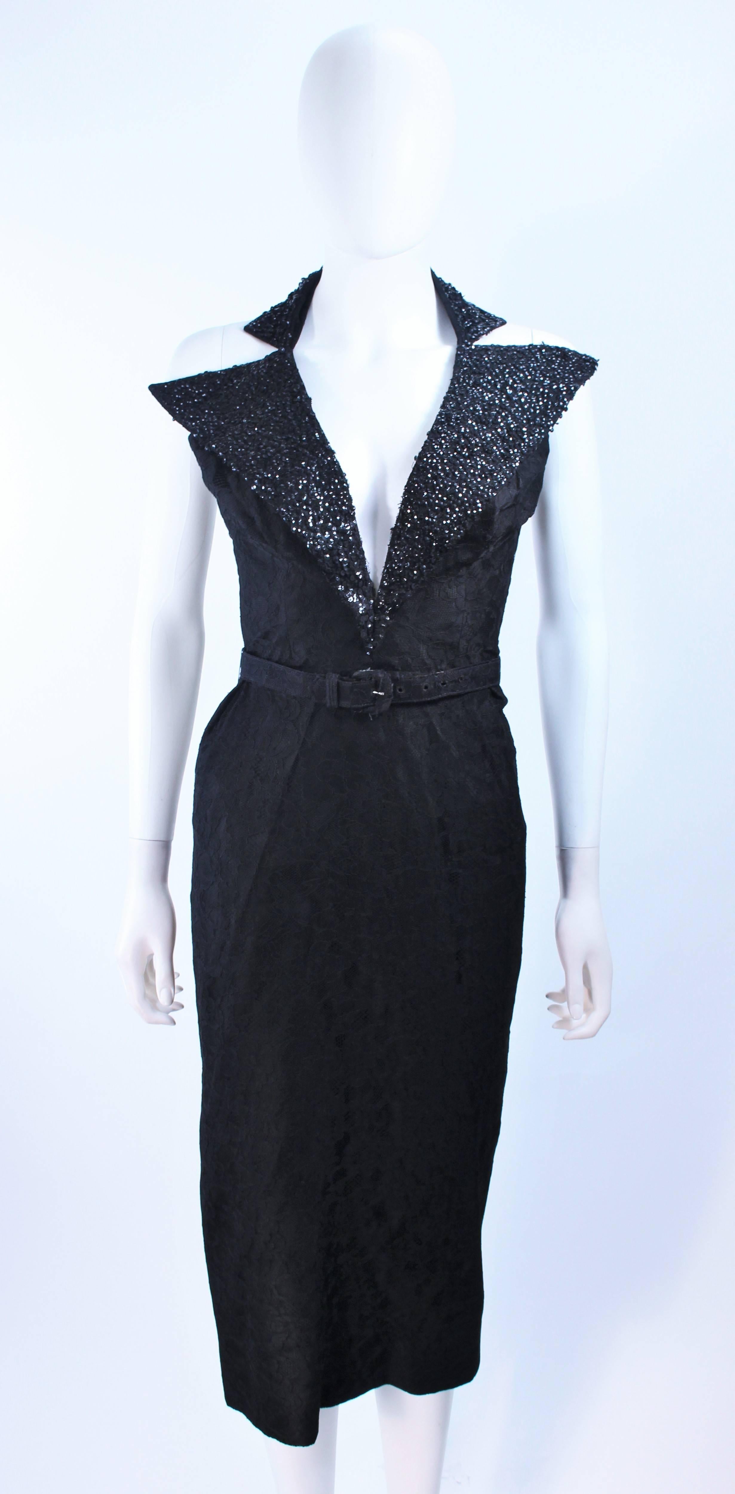 MIGUEL by Kenneth Johnson 1950's  Black Lace Cocktail Dress Sequin Collar Size 0 In Excellent Condition For Sale In Los Angeles, CA