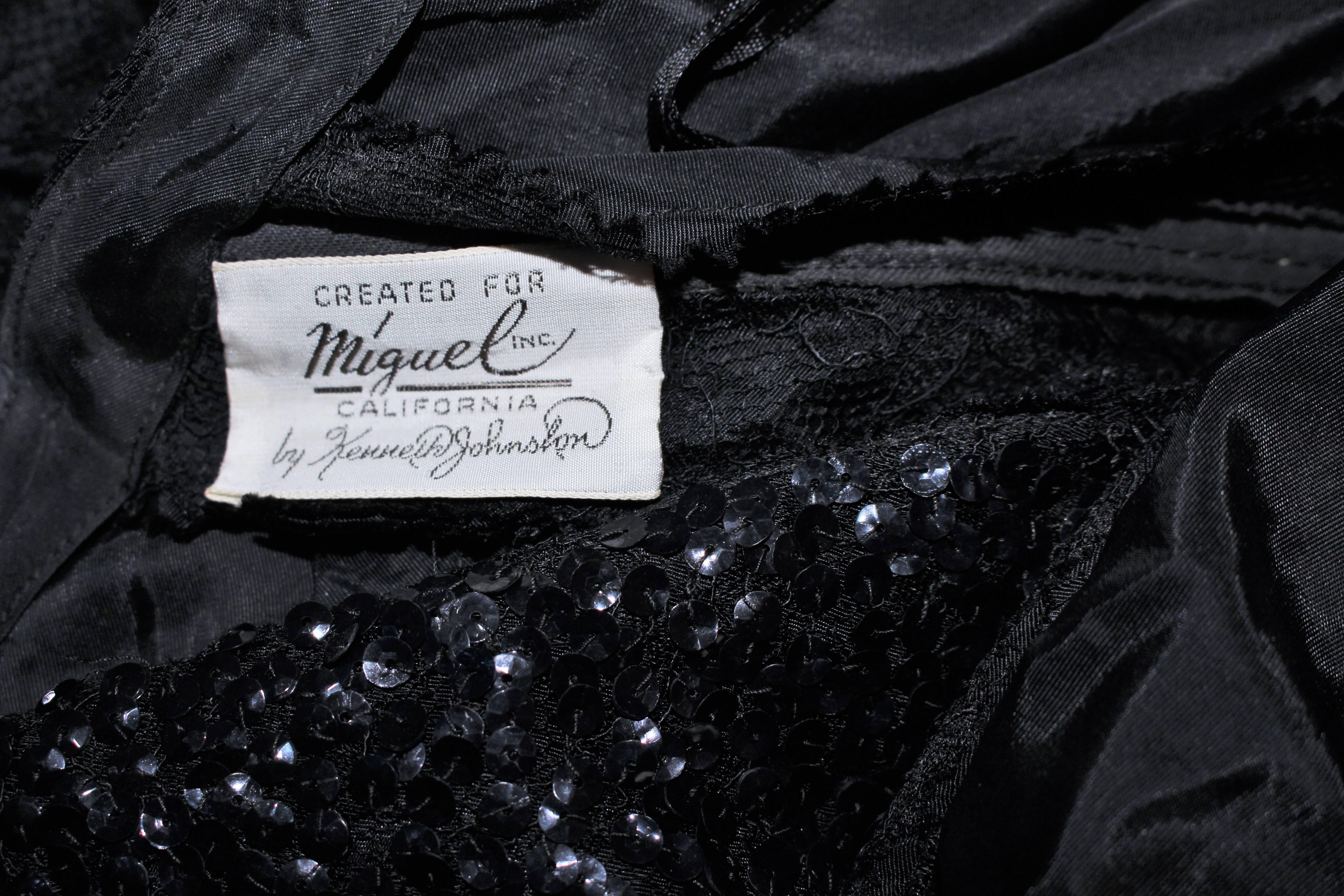 MIGUEL por Kenneth Johnson Años 50  Vestido Cóctel Encaje Negro Cuello Lentejuelas Talla 0 en venta 5