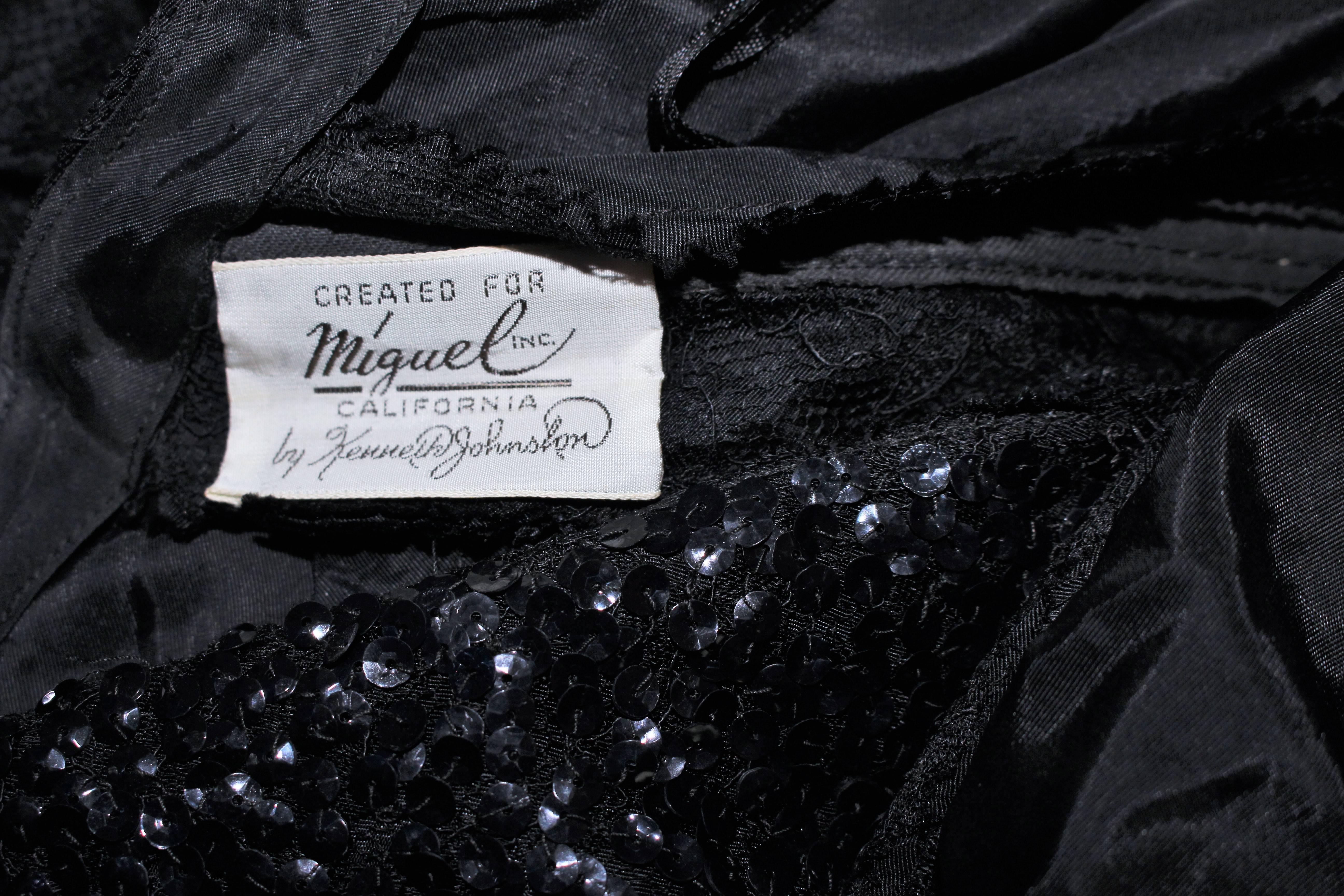 MIGUEL by Kenneth Johnson 1950's  Black Lace Cocktail Dress Sequin Collar Size 0 For Sale 5