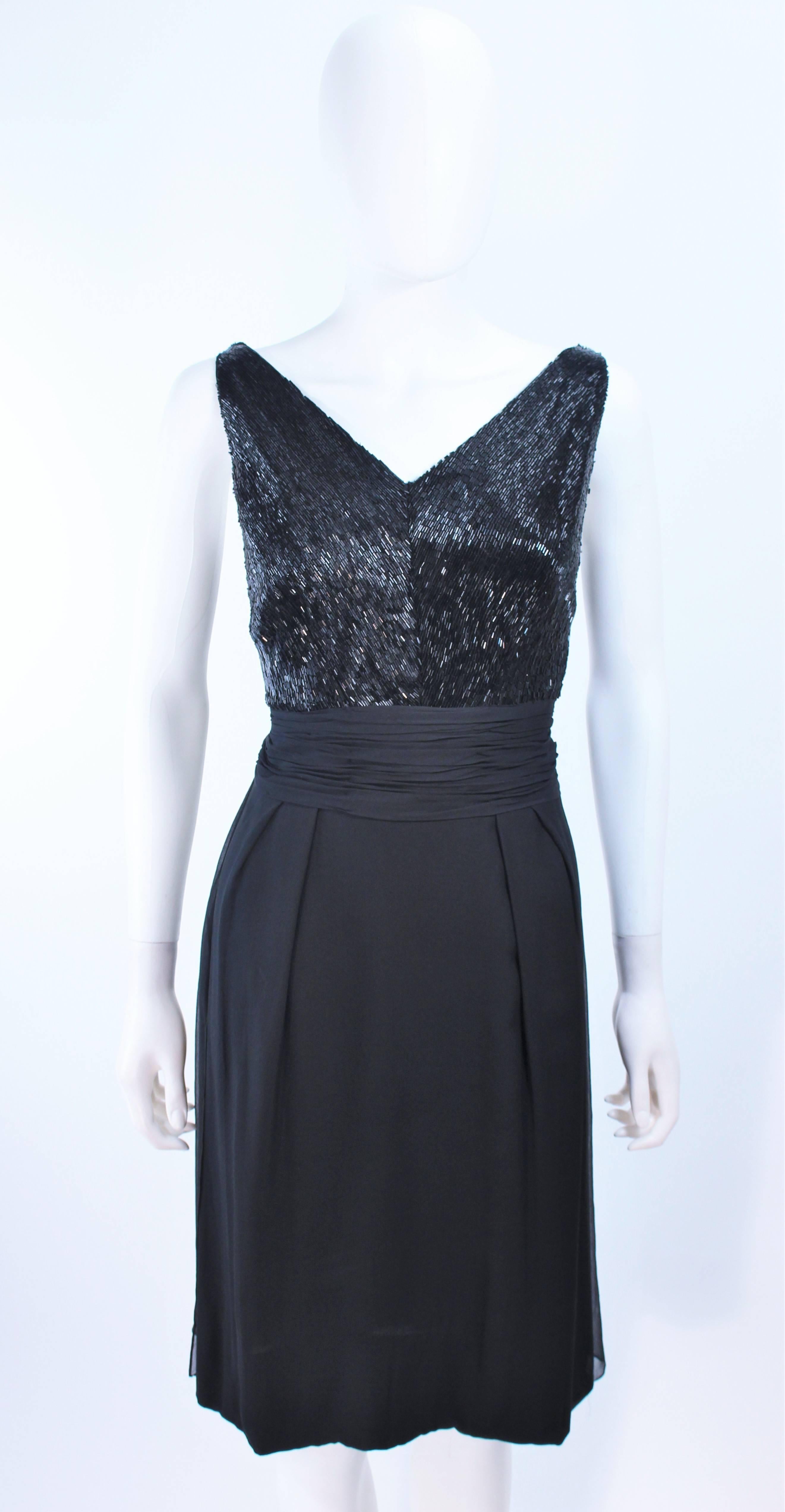 Vintage 1960's Black Beaded Silk Chiffon Cocktail Dress Size 6 In Excellent Condition For Sale In Los Angeles, CA
