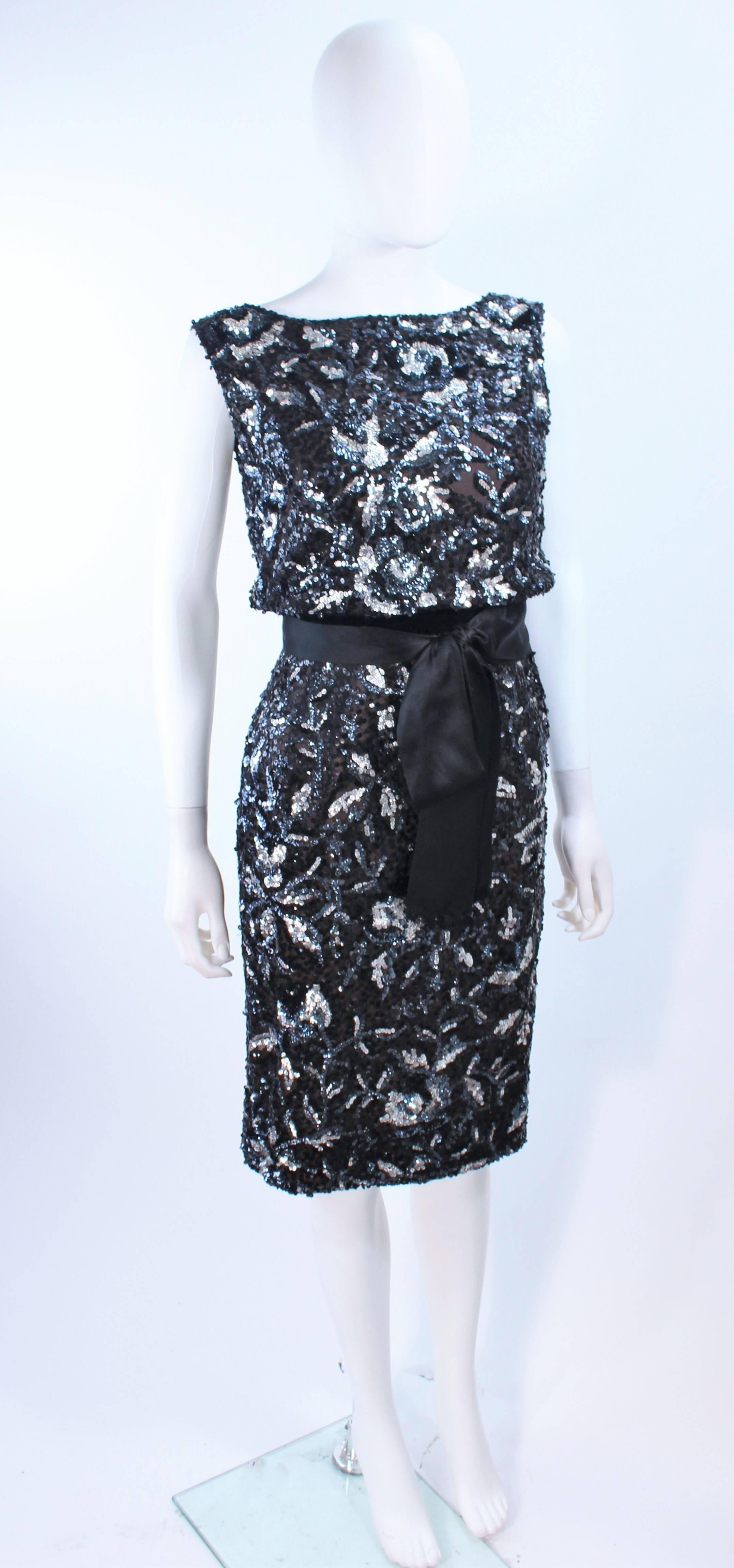Vintage 1960's Black and Silver Hand Embellished Floral Cocktail Dress Size 2 In Excellent Condition For Sale In Los Angeles, CA