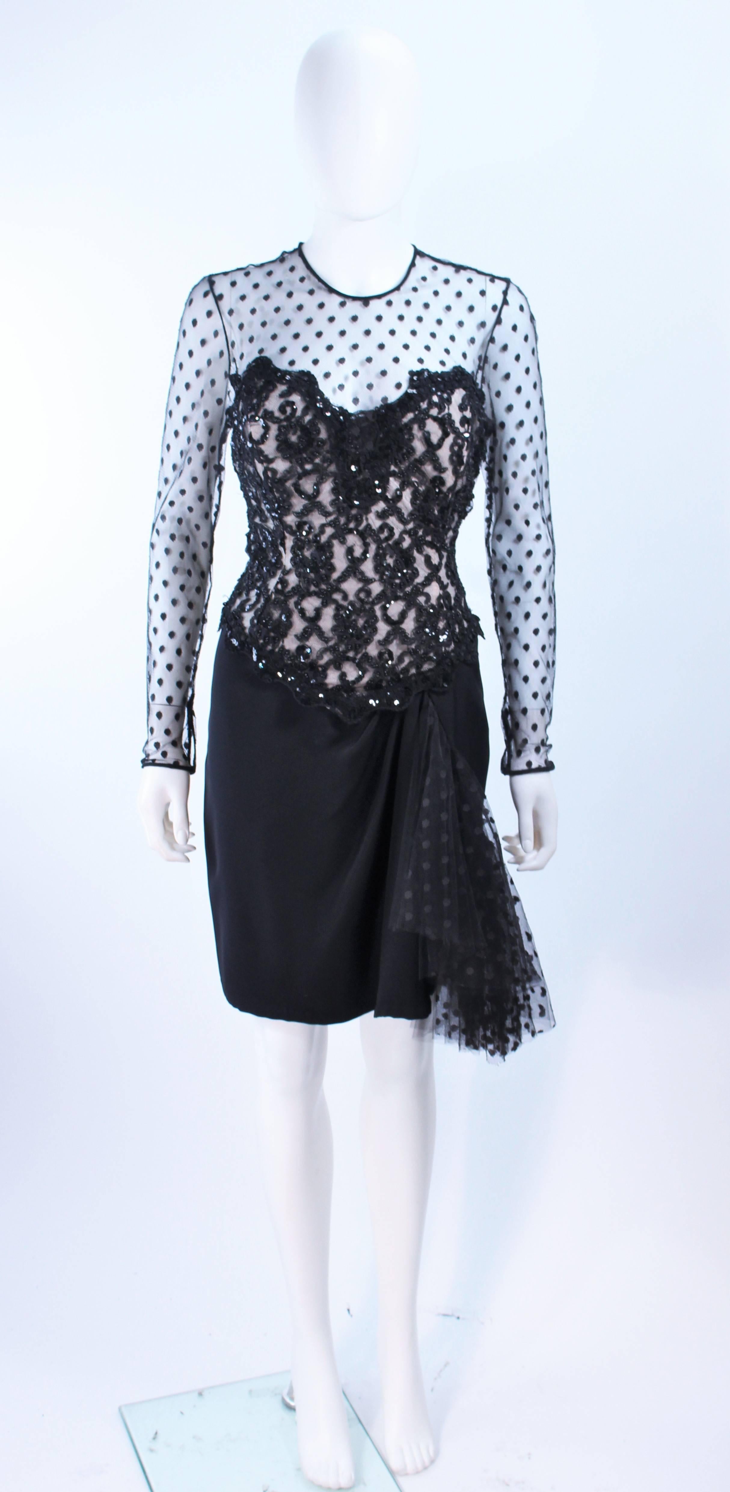 This cocktail dress is composed of a black silk draped skirt and a polka dot mesh upper body with sequin lace bodice. There is a zipper closure. In excellent vintage condition.

**Please cross-reference measurements for personal accuracy. Size in