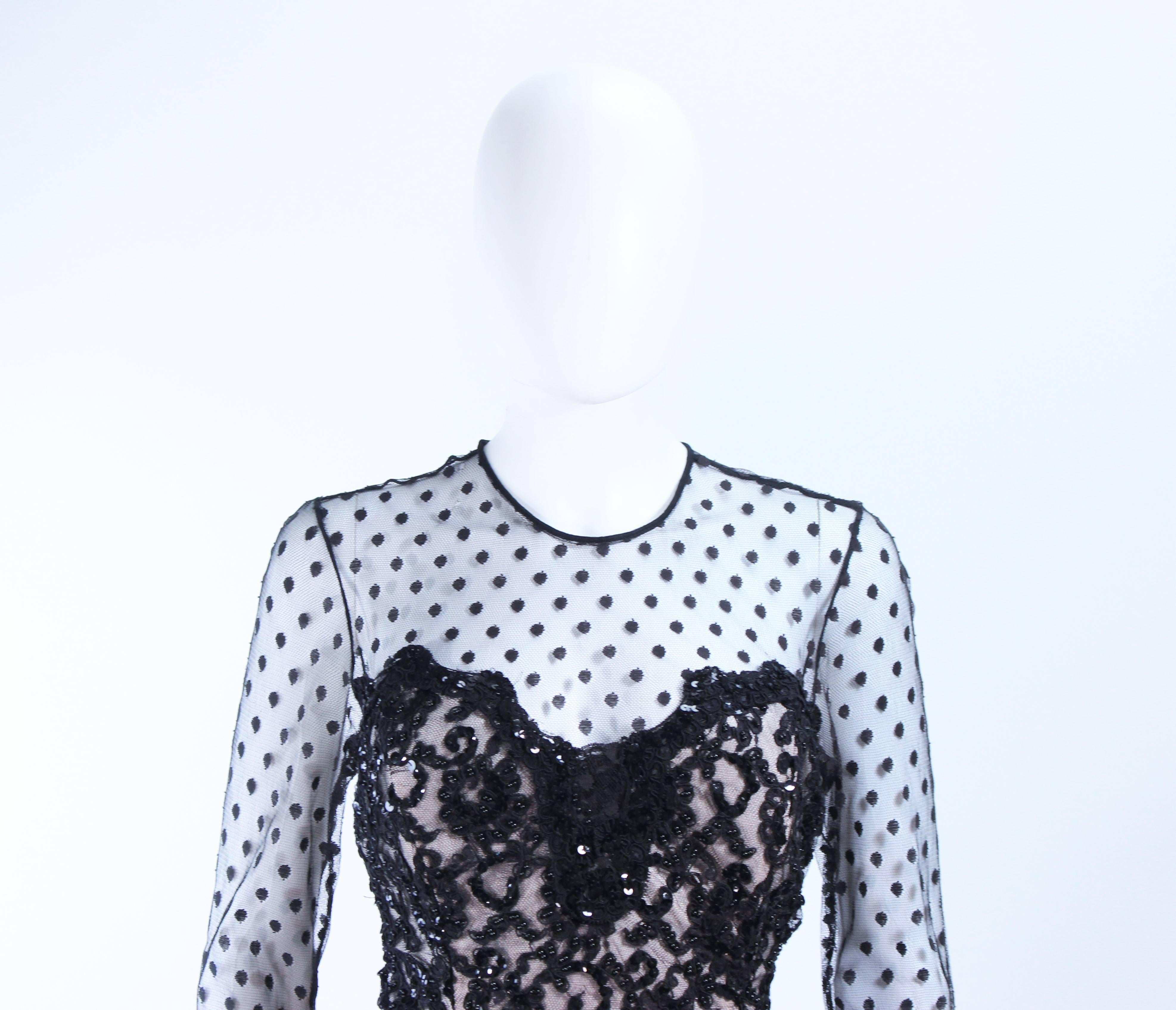 AFTER FIVE I. MAGNIN Black Silk Polka Dot Mesh Sequin Lace Cocktail Dress 6 In Excellent Condition For Sale In Los Angeles, CA