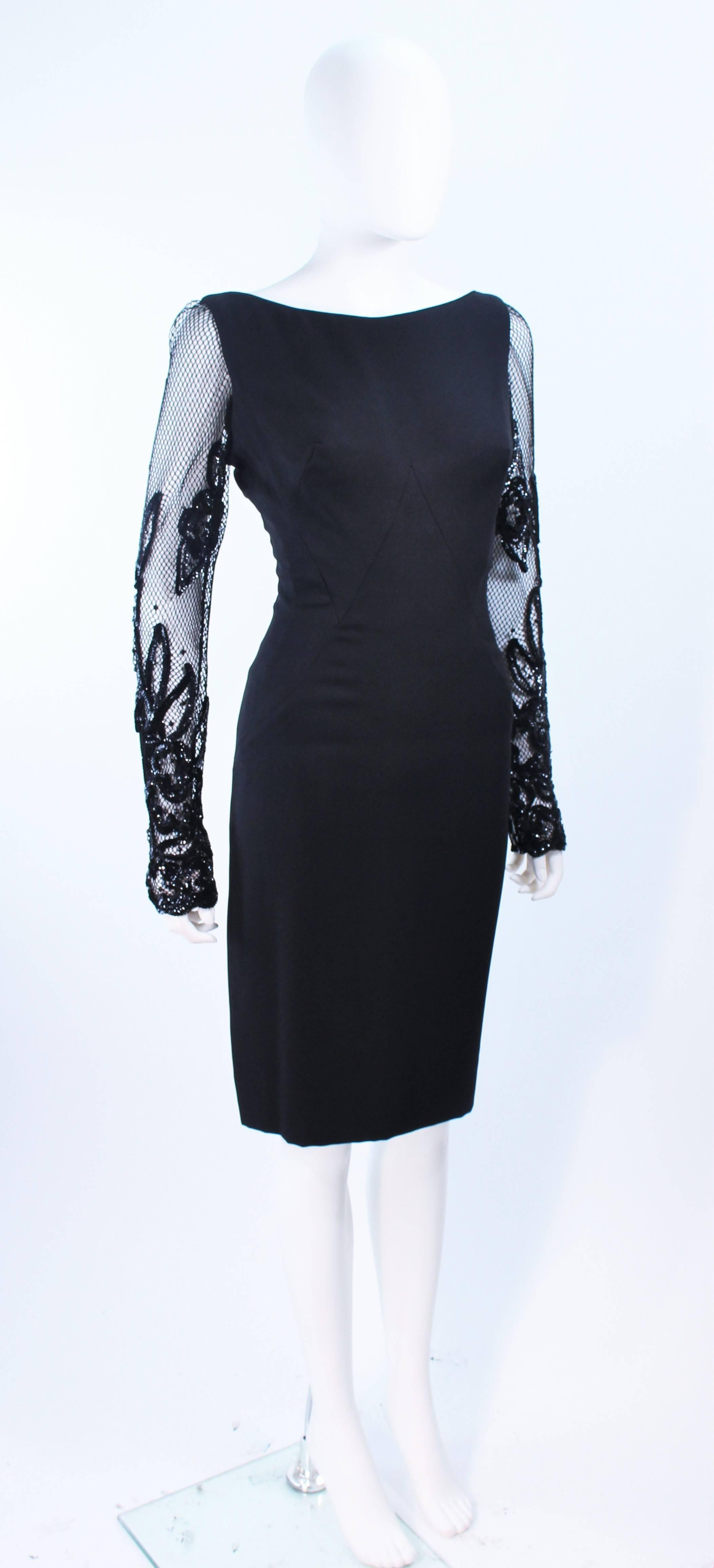 SYDNEY NORTH Black Silk Cocktail Dress with Sequin Mesh Sleeves Size 6 8 In Excellent Condition For Sale In Los Angeles, CA