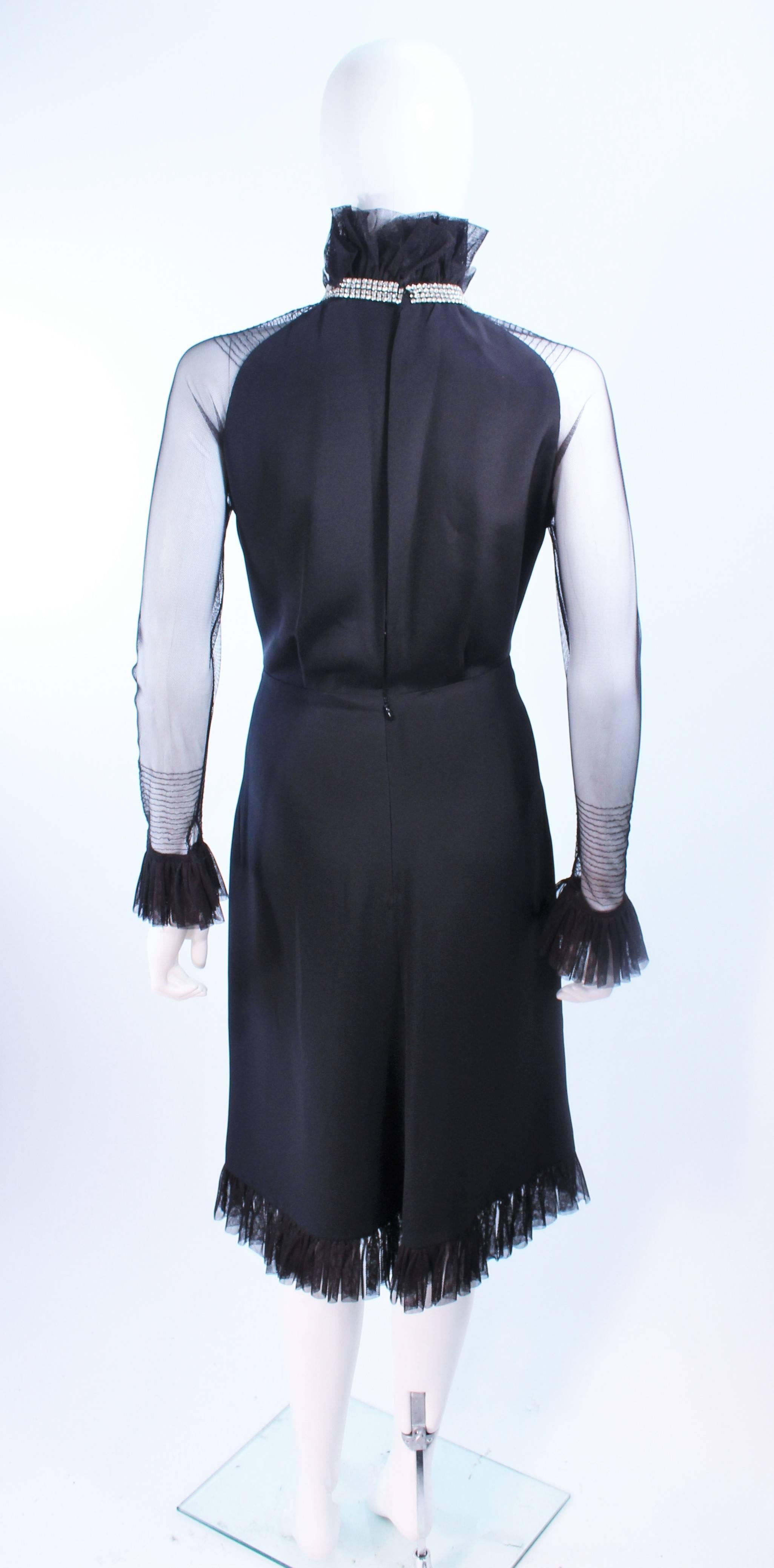 LUCY DE CASTENOU Black Silk Rhinestone Dress with Sheer Sleeves & Ruffles Size 8 For Sale 3