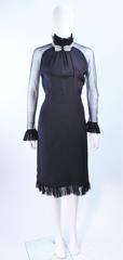 LUCY DE CASTENOU Black Silk Rhinestone Dress with Sheer Sleeves & Ruffles Size 8