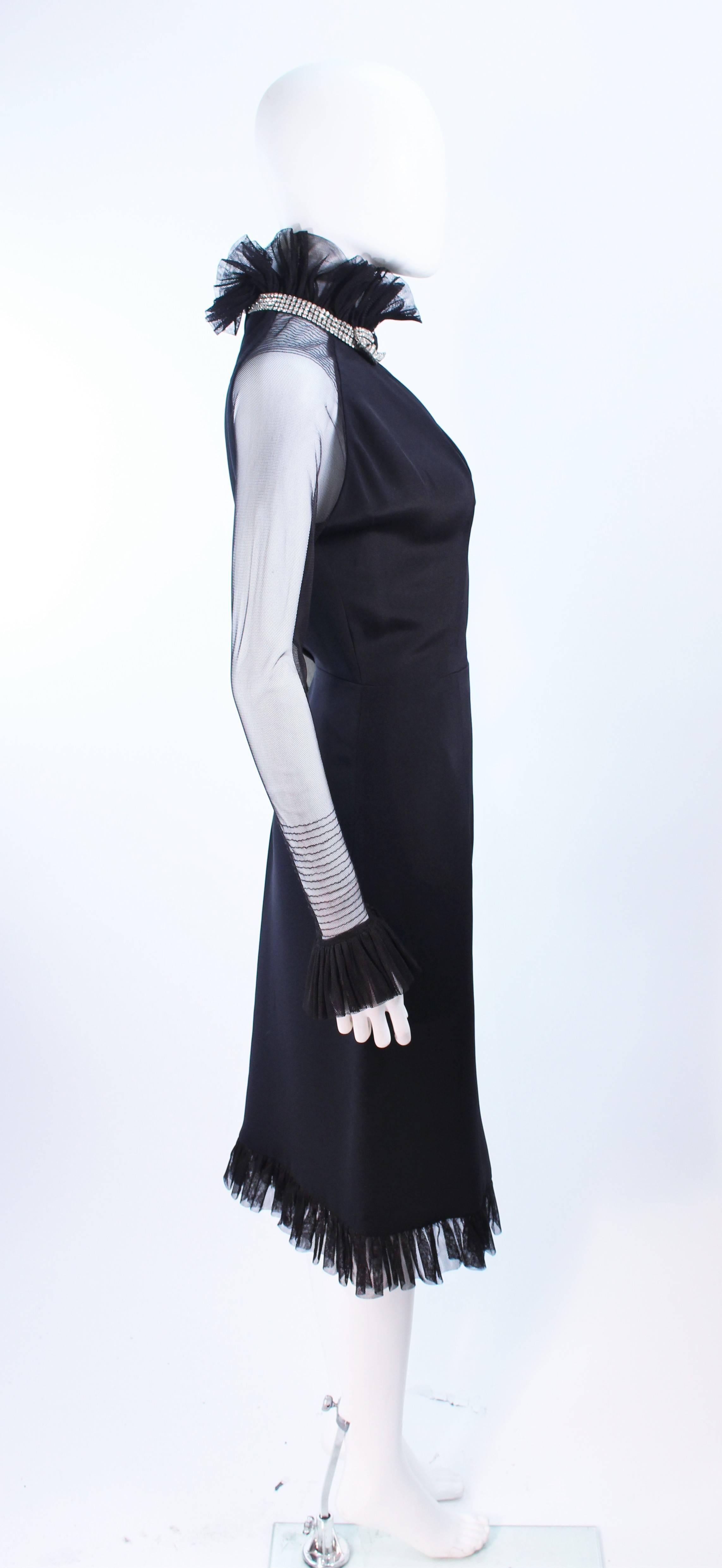 LUCY DE CASTENOU Black Silk Rhinestone Dress with Sheer Sleeves & Ruffles Size 8 For Sale 1