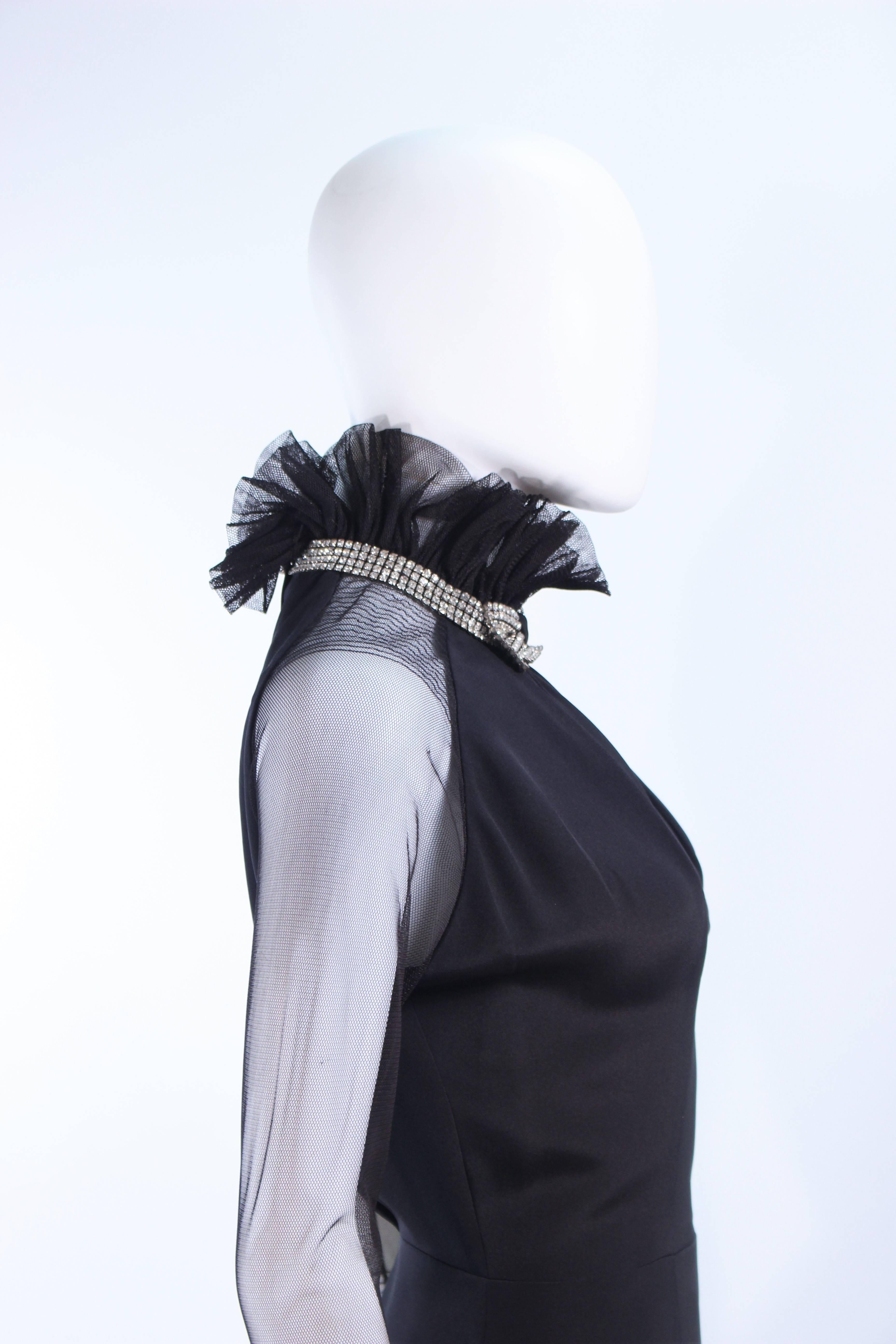 LUCY DE CASTENOU Black Silk Rhinestone Dress with Sheer Sleeves & Ruffles Size 8 For Sale 2