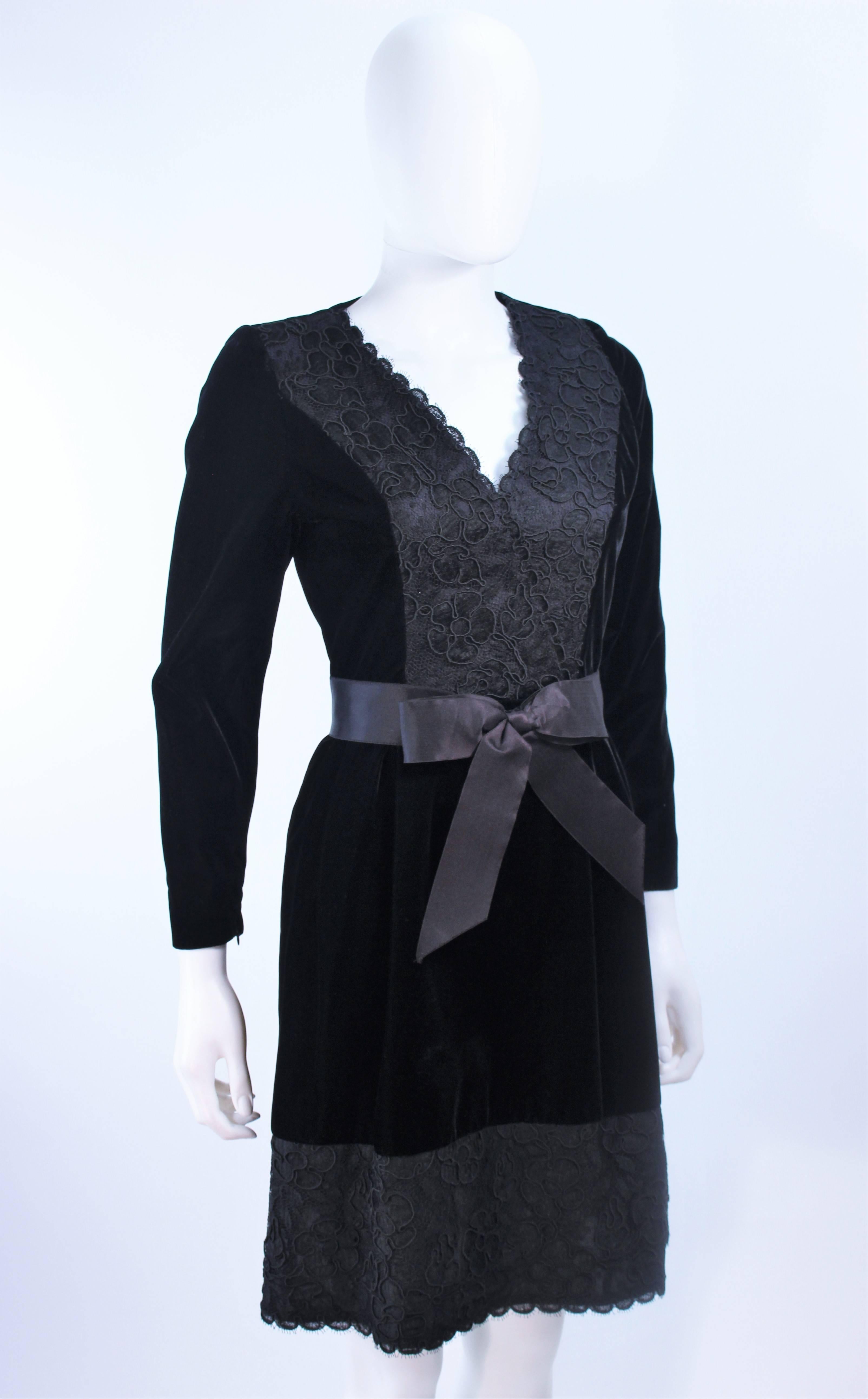 GIVENCHY Black Velvet Cocktail Dress with Lace Trim and Satin Belt Size 4 In Excellent Condition For Sale In Los Angeles, CA