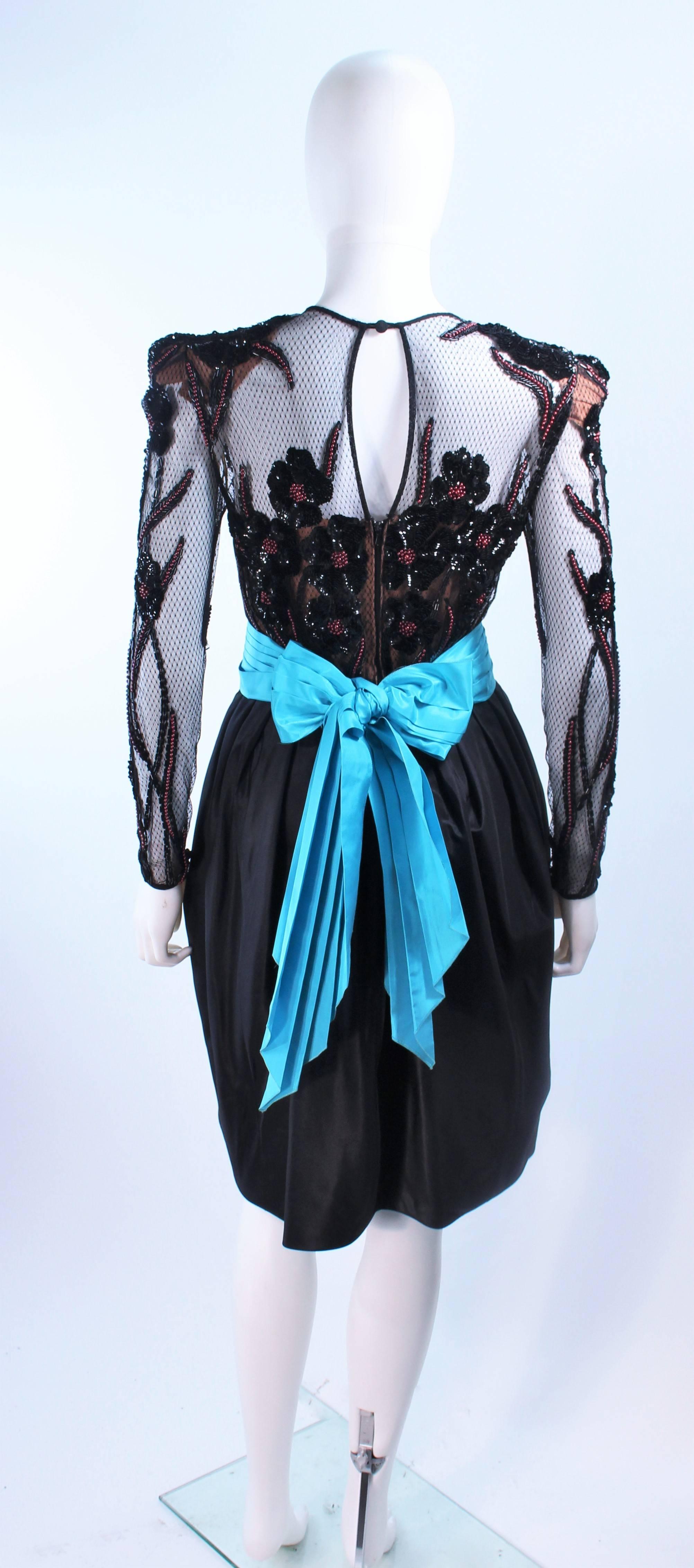 PAUL LOUIS ORRIER Black Silk Beaded Cocktail Dress with Turquoise Belt Size 6 8 2