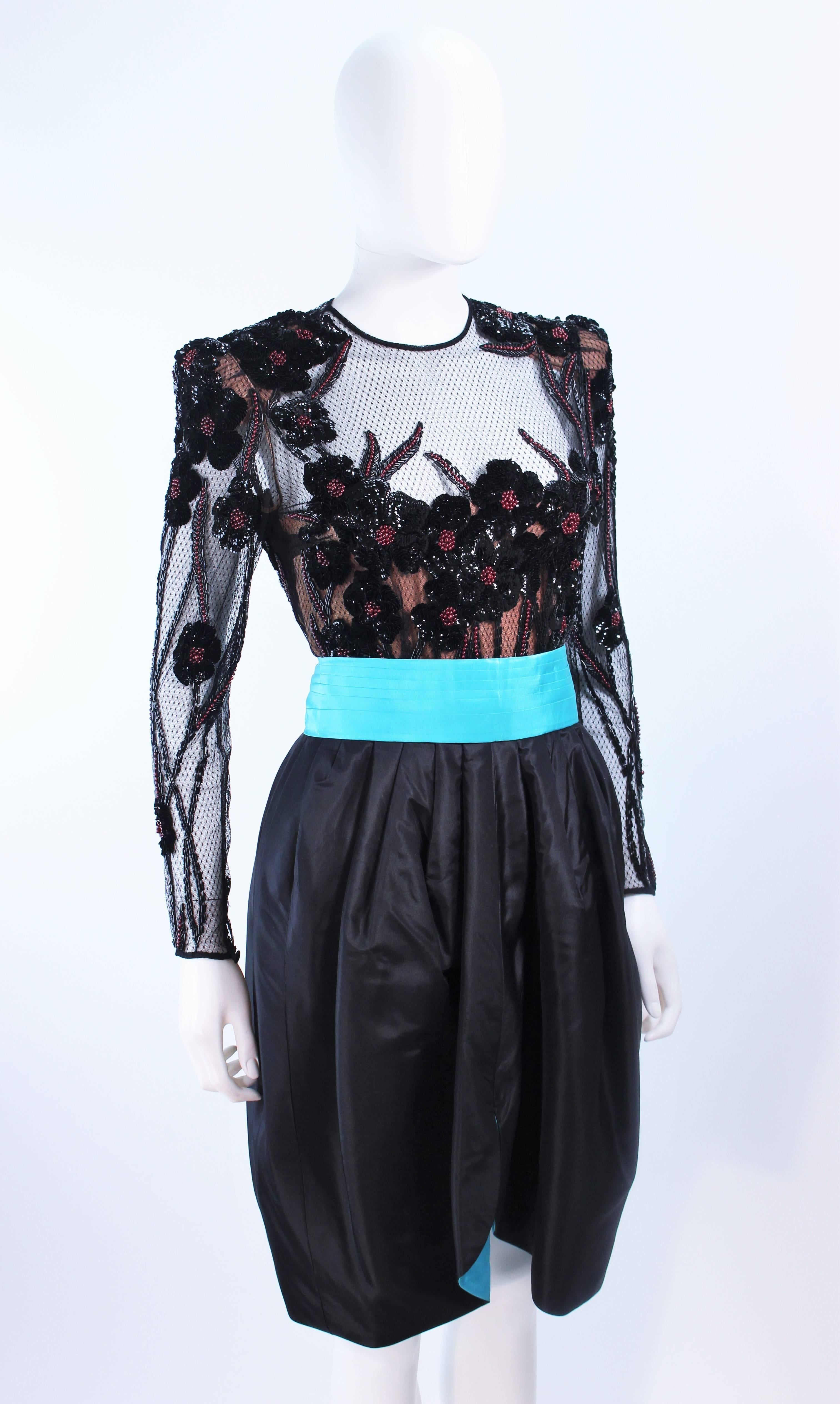 PAUL LOUIS ORRIER Black Silk Beaded Cocktail Dress with Turquoise Belt Size 6 8 In Excellent Condition In Los Angeles, CA